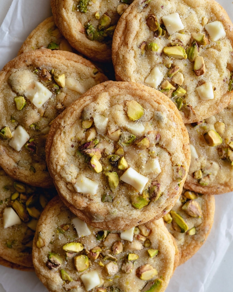 A close-up image of a pile of round cookies with a light golden-brown color, each cookie topped with scattered pieces of green pistachios and chunks of white chocolate. The cookies have a slightly cracked surface texture, showing a soft and chewy inside. The cookies are stacked on top of each other on a white marbled surface, filling the frame with a warm, inviting look. Photo taken with an iphone --ar 4:5 --v 7