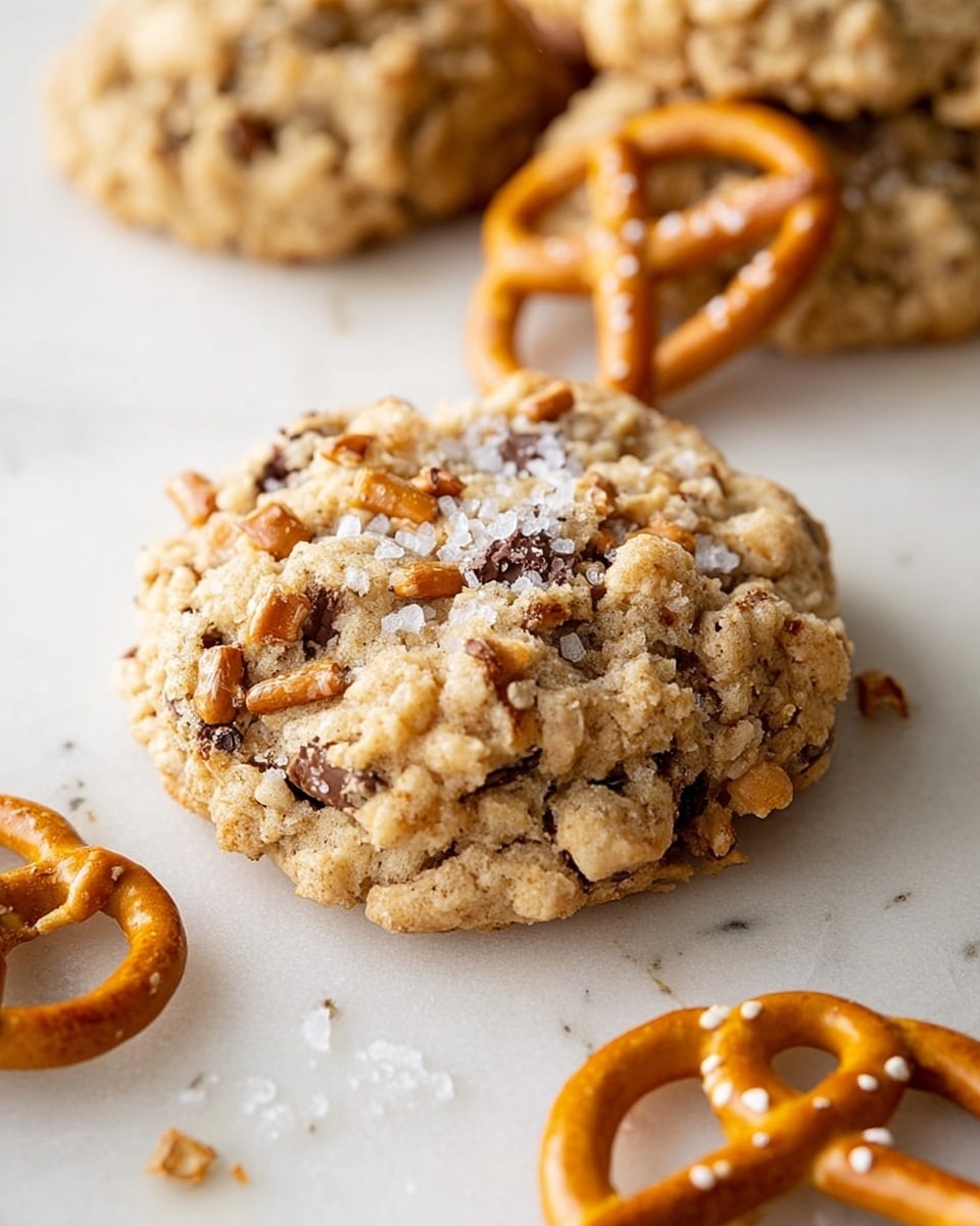 A close-up of a chunky cookie filled with chocolate chips and small pieces of pretzel, showing a light golden-brown color with a rough texture. The cookie surface is sprinkled with coarse salt grains, adding a bit of sparkle. Beside the cookie, on a white marbled surface, there are several small pretzels with a shiny, smooth brown texture. In the background, another cookie is partially visible but blurred. Photo taken with an iphone --ar 4:5 --v 7