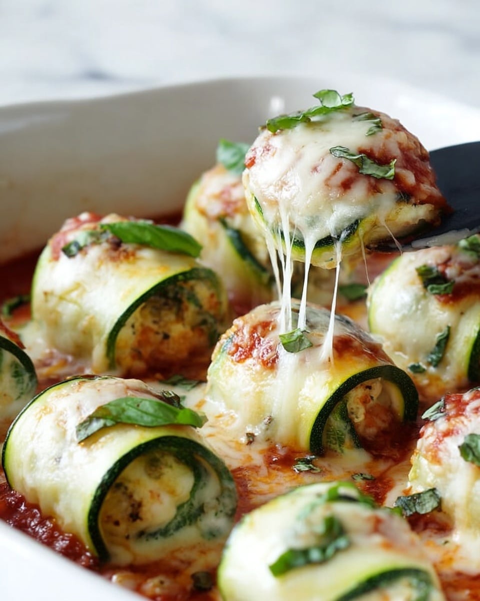 The image shows zucchini roll-ups arranged in a white baking dish on a white marbled surface. Each roll-up has three visible layers: the dark green outer zucchini slice folded into a spiral, a creamy white cheese filling in the middle, and a melted light yellow cheese on top with bits of red tomato sauce peeking through. Small green basil leaves are sprinkled over the rolls and sauce. One zucchini roll-up is lifted by a black spatula, with stretchy melted cheese pulling away from the roll. The scene is bright with natural light coming from the side. photo taken with an iphone --ar 4:5 --v 7