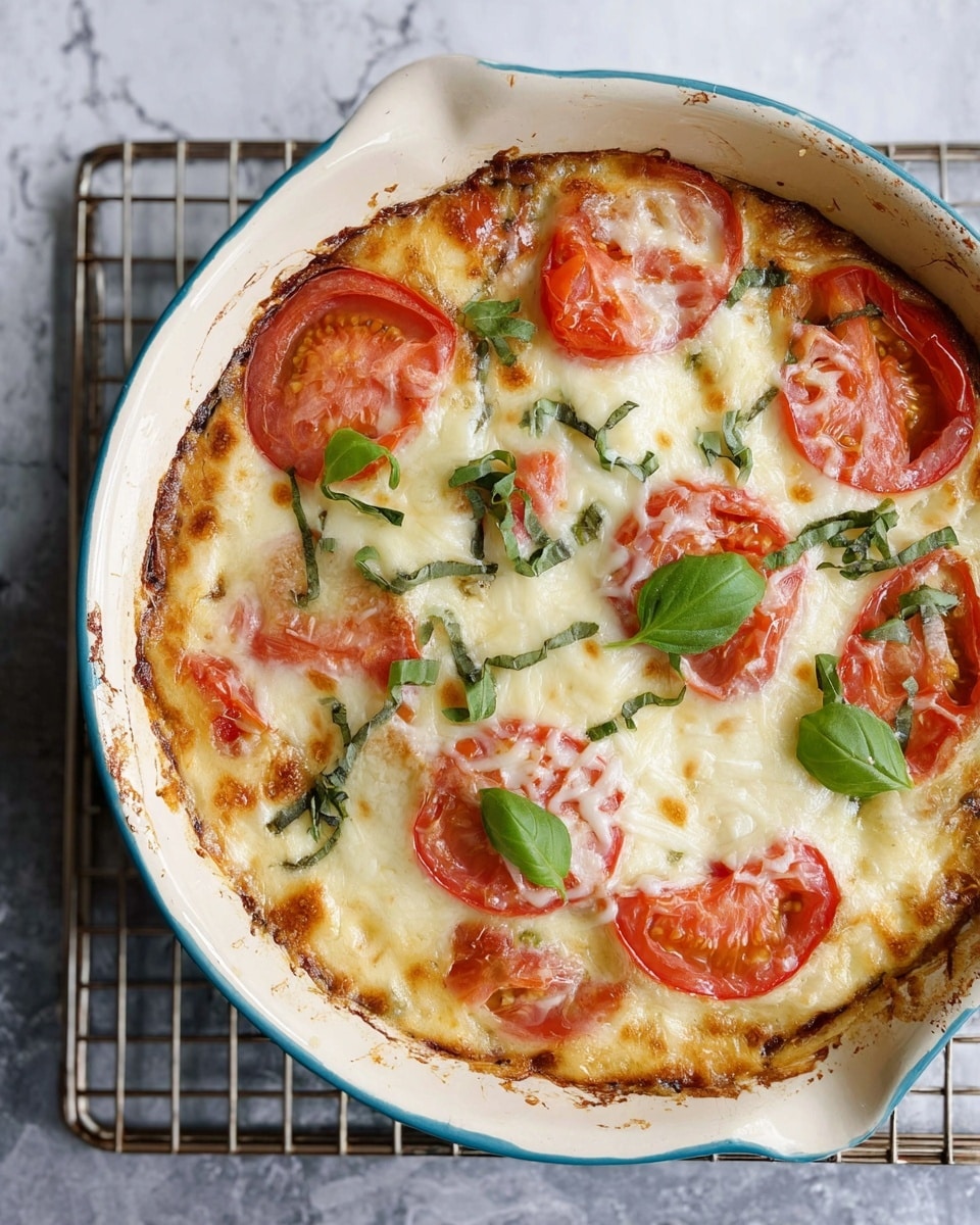The dish is a baked casserole in a white baking dish with a pale blue inside rim, placed on a wire rack over a white marbled surface. The casserole has a creamy yellow base layer, topped with several slices of red tomato arranged in a circular pattern near the edges and the center. The tomato slices are covered with melted, slightly browned white cheese, with some shredded cheese sprinkled on top. There are three fresh green basil leaves placed on the cheese layer, adding a fresh touch of color. Some light browning marks and cheese stretches create texture on the top layer. Photo taken with an iphone --ar 4:5 --v 7