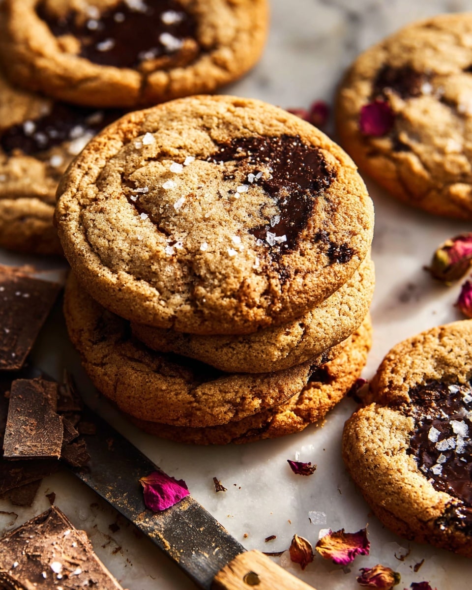 The image shows several round cookies with a light golden brown color and rough texture, filled with melted dark chocolate chunks that create irregular dark spots on the surface. The cookies are placed closely together on a piece of brown parchment paper, which rests on a white marbled textured surface. There are a few salt flakes scattered over the cookies, adding a slight shimmer. A small white plate with pieces of dark chocolate and dried rose petals is partially visible at the top left corner. A wooden-handled knife lies partially under the top cookie, all under warm, soft light that highlights the cookies' crumbly texture. Photo taken with an iphone --ar 4:5 --v 7