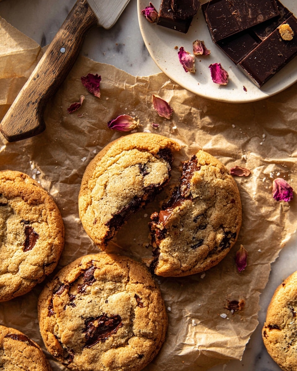 The image shows several round chocolate chip cookies with a light golden-brown color and visible melted dark chocolate chunks on top. One cookie is broken, revealing a slightly darker, crispier inside with melted chocolate. The cookies rest on brown parchment paper with a wooden-handled knife beside them. In the top left corner, pieces of dark chocolate sit on a white plate, and small dried rosebuds are scattered around. The whole scene is set on a white marbled surface with soft natural light highlighting the texture of the cookies and chocolate photo taken with an iphone --ar 4:5 --v 7
