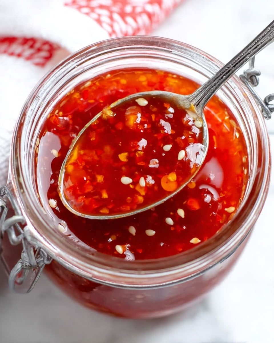 A close-up image of a glass jar filled with bright red chili sauce that has visible small white garlic pieces and red chili flakes scattered throughout, creating a textured liquid with a shiny, thick surface. Inside the jar, a silver spoon holds some of the sauce, showing the glossy, smooth liquid with bits of chili and garlic clinging to it. The jar sits on a white marbled surface with a metal latch on the side, and the background includes a faint hint of red cloth in the corner. photo taken with an iphone --ar 4:5 --v 7