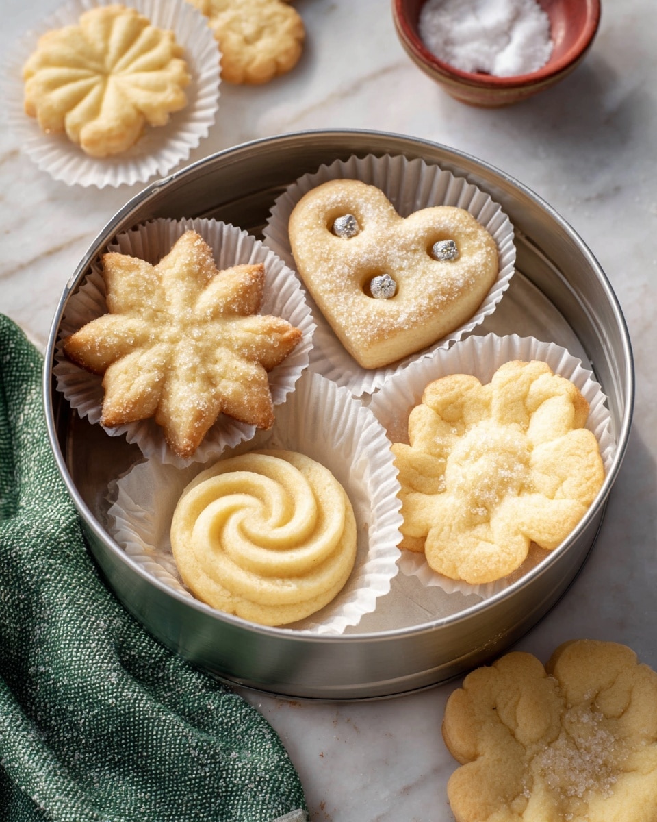 A round tin filled with five light golden cookies, each sitting in a white paper cup. There is a heart-shaped cookie with sugar crystals on top, two flower-shaped cookies with soft ridges, a round cookie with a swirl pattern and sugar on top, and another round cookie with a smooth piped top covered in sugar crystals. The tin is placed on a white marbled surface with a green cloth and a small bowl of sugar nearby. There are extra cookies outside the tin on the marbled surface. photo taken with an iphone --ar 4:5 --v 7