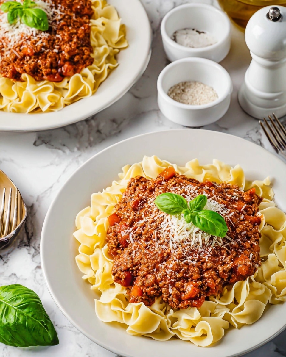 Two white plates each hold a single serving of twisted egg noodle pasta, forming the base layer with a pale yellow color and a soft texture. On top of the pasta is a thick layer of red-brown meat sauce, visibly mixed with small bits of tomato and meat, covering the center of the noodles. The sauce is sprinkled with a fine layer of grated light beige cheese, unevenly spread. Each plate features a fresh, bright green basil leaf placed on the sauce near the top edge. The background has a white marbled texture, and nearby are small white bowls with seasoning and a glass salt shaker. photo taken with an iphone --ar 4:5 --v 7