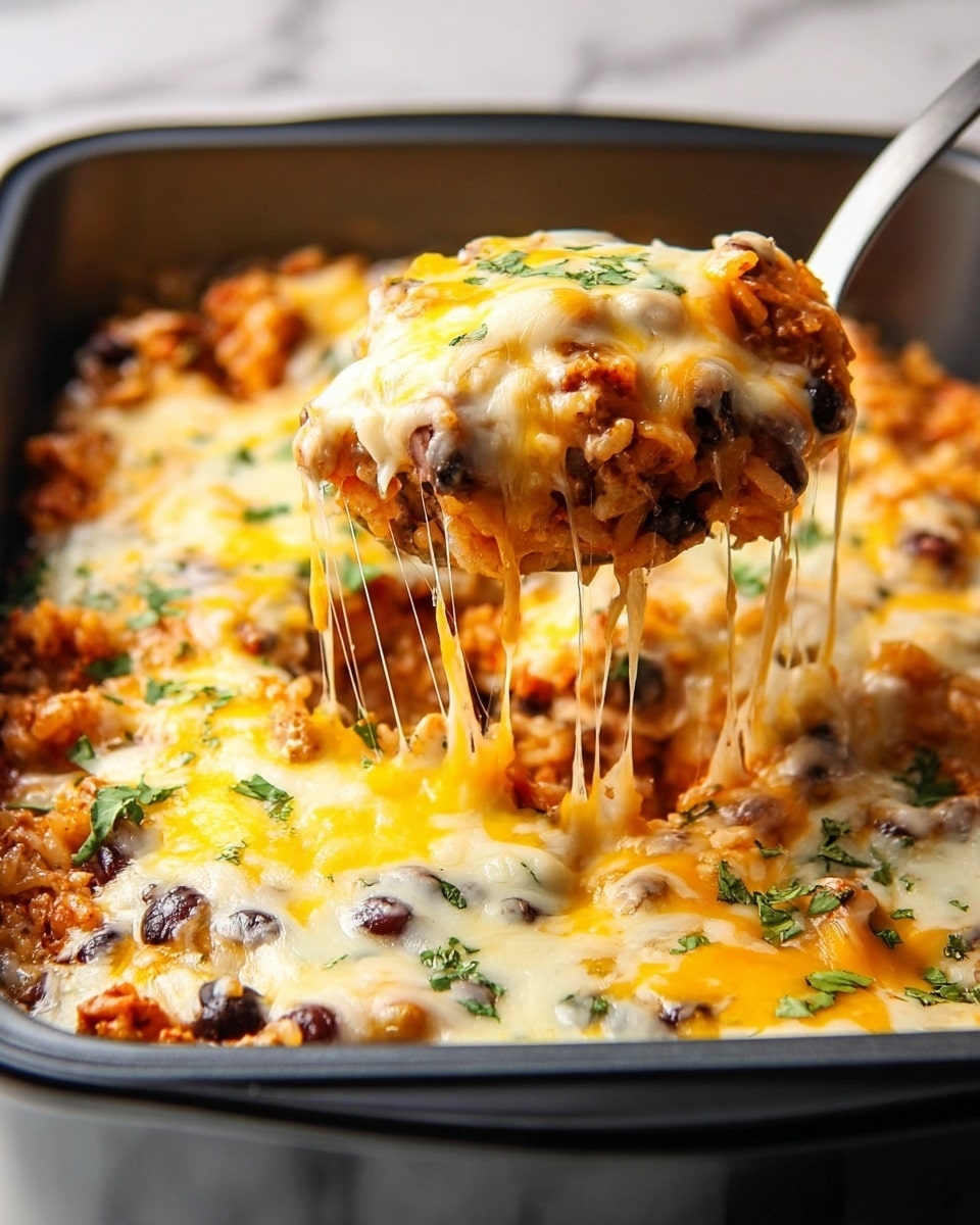 A close-up of a black baking dish filled with a cheesy casserole, showing three main layers: the bottom layer is a thick mix of cooked rice and beans with a reddish-orange sauce, the middle layer has melted cheese stretching as a spoon lifts a portion, and the top layer is golden melted cheese with bits of green herbs scattered on top, all inside the baking dish on a white marbled surface, photo taken with an iphone --ar 4:5 --v 7