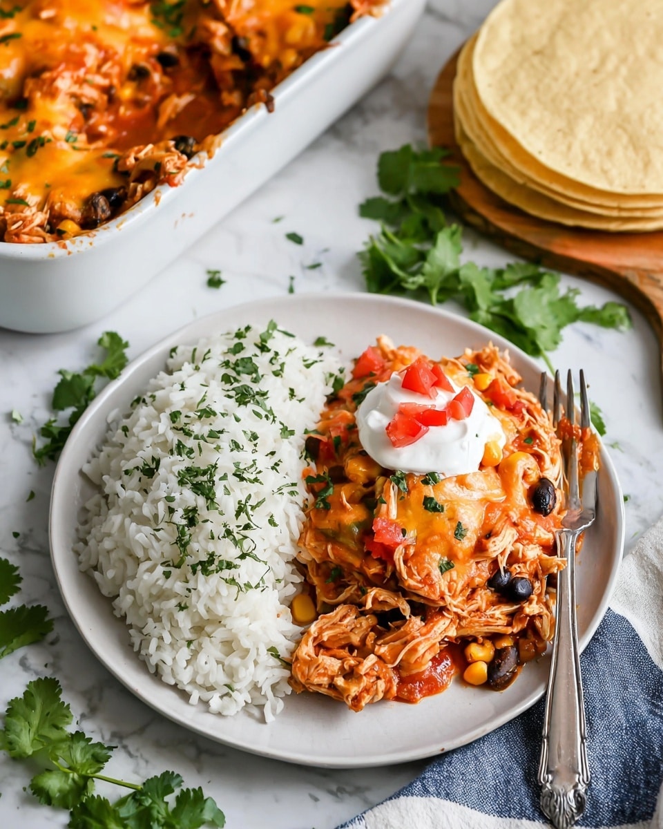 A white round plate holds a serving of two main layers: a pile of fluffy white rice garnished with small green cilantro pieces on one side, and a colorful mix of orange-red shredded chicken with black beans, corn, and melted yellow cheese on the other. The chicken mix is topped with a dollop of white sour cream and small red tomato chunks, sprinkled with fresh green cilantro. A silver fork rests on the edge of the plate. To the top left is a black tray filled with the same chicken mixture, and to the right are stacked yellow corn tortillas on a wooden board. Fresh green cilantro and a white and blue striped cloth napkin are placed nearby on a white marbled surface. photo taken with an iphone --ar 4:5 --v 7