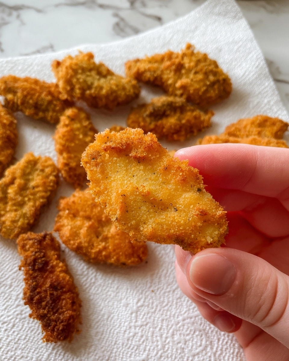 Two woman's hands are holding a golden brown fried piece of food with a rough, crispy texture. Below the hands, there are several more pieces of fried food resting on a white paper towel. The pieces vary in shape and size but all look crunchy with a coating of fried crumbs. The background above the paper towel is a section of white marbled texture. photo taken with an iphone --ar 4:5 --v 7