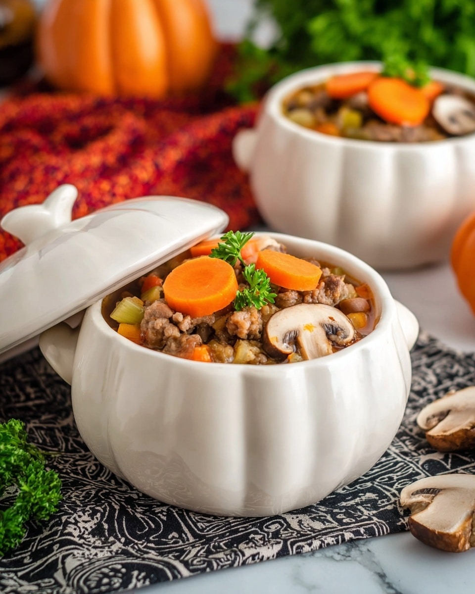 The image shows a white pumpkin-shaped pot filled with a stew made of several layers: a base of brown broth with soft, cooked ground meat, topped with bright orange carrot slices, yellow celery pieces, and whole brown mushrooms. A few sprigs of fresh green parsley are placed on top for garnish. The pot is open, with its matching white lid leaning against it. In the background, two white ribbed bowls also hold the same stew, each garnished with carrot slices and parsley. The setting includes a white marbled surface with colorful red and orange cloths, and some green parsley scattered around. Photo taken with an iphone --ar 4:5 --v 7