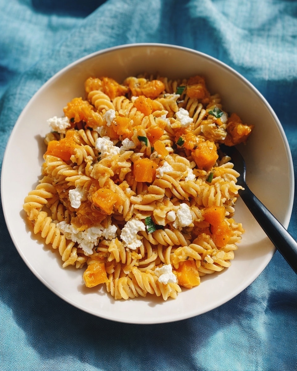 A white bowl filled with rotini pasta that is light golden in color, mixed with chunks of soft, orange squash and scattered dollops of white cheese on top. Fresh green herb pieces are sprinkled over the dish, adding a touch of color. A fork is placed inside the bowl, angled diagonally. The bowl sits on a blue cloth surface with a blurred turquoise background. photo taken with an iphone --ar 4:5 --v 7