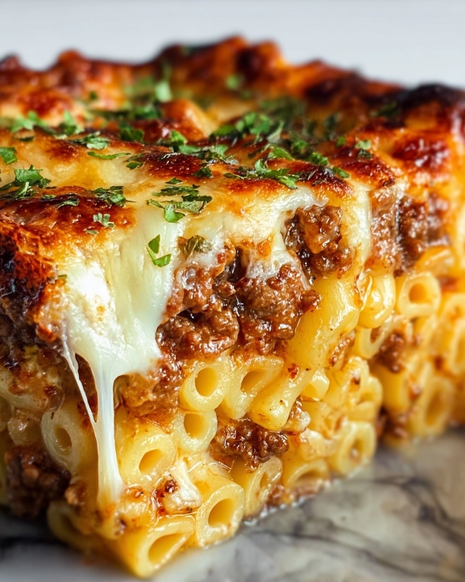 A close-up view of a lasagna piece shows four visible layers: the top layer is golden-brown melted cheese with small green herb sprinkles, underneath is a layer of cooked pasta with a smooth yellow color, below that is a rich layer of browned minced meat, and at the bottom is a creamy white sauce mixed with pasta tubes. The edges of the lasagna show some melting cheese stretching slightly over the sides. The dish is on a white plate, sitting on a white marbled surface. photo taken with an iphone --ar 4:5 --v 7