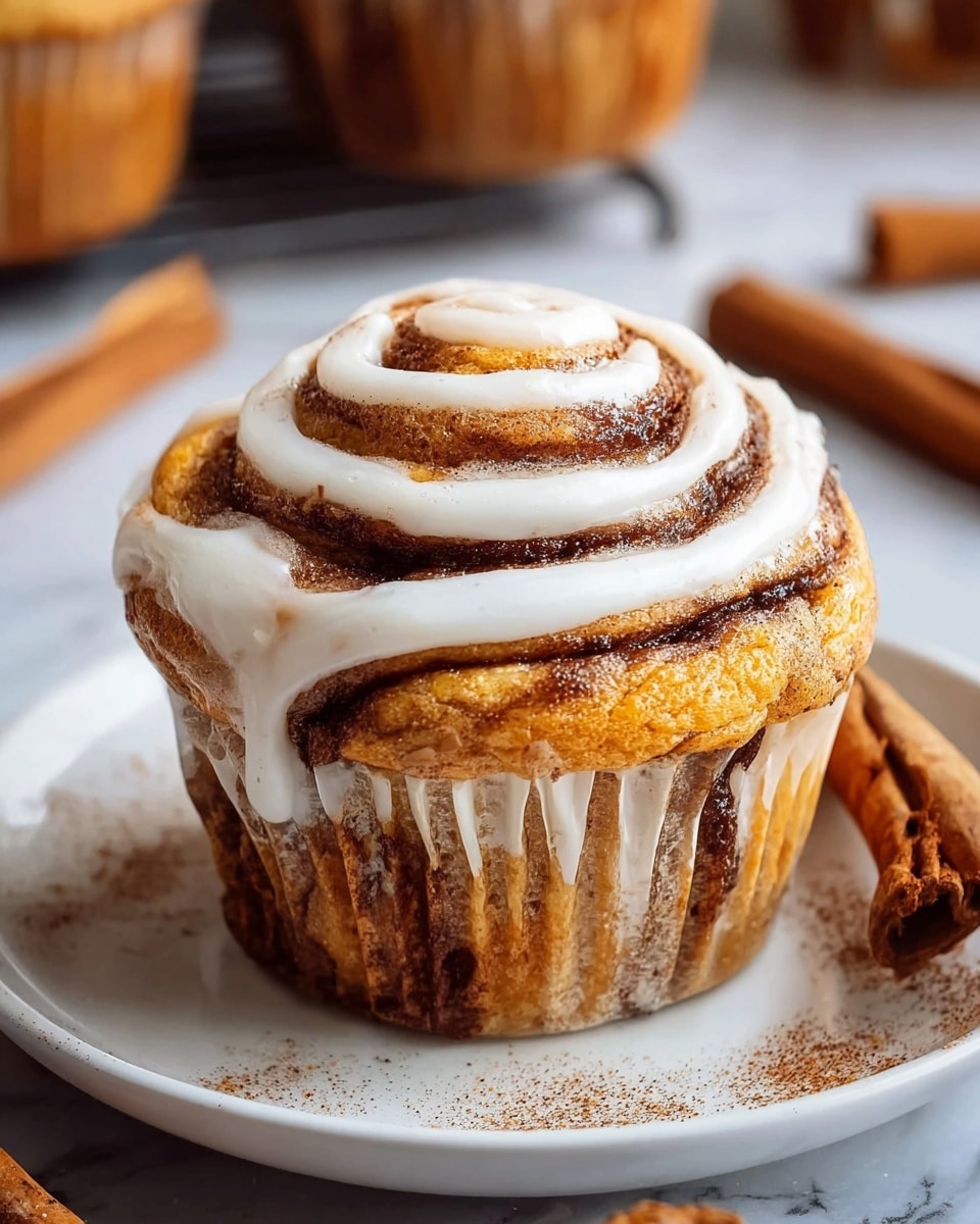 The image shows a close-up of a cinnamon roll muffin with visible swirls of brown cinnamon filling inside golden-brown cake layers, all wrapped in a white baking paper cup. On top, a layer of white icing is drizzled in a spiral pattern, following the muffin’s shape, with a light dusting of granulated sugar and cinnamon powder adding texture and shine. The muffin sits on a white plate with faint cinnamon powder scattered around, against a white marbled surface background, with other similar muffins softly blurred in the background. photo taken with an iphone --ar 4:5 --v 7