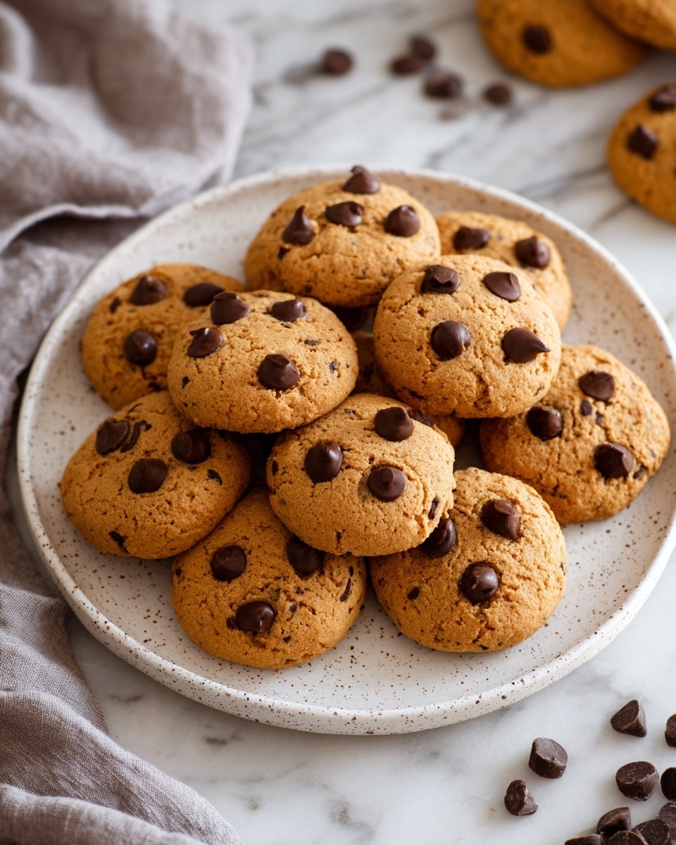 The image shows a group of round chocolate chip cookies spread out on a white plate with small dark specks on it. The cookies have a warm brown color and soft texture, each one dotted with several shiny dark brown chocolate chips, some slightly melted. One of the cookies is broken in half, revealing a moist inside with chocolate chips. The cookies are placed close together but not overlapping, all sitting on a white marbled surface. Photo taken with an iphone --ar 4:5 --v 7