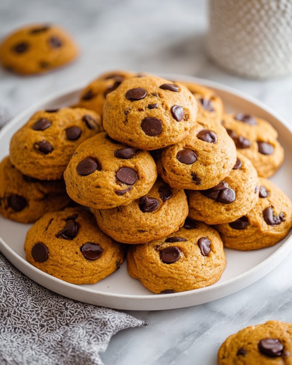 A white speckled plate holds about 16 soft, round cookies stacked in a loose pile. Each cookie is golden brown with a slightly rough texture and is dotted with dark brown chocolate chips scattered evenly on top and throughout. Around the plate, a gray and white striped cloth is partially draped on the white marbled surface. Nearby, a few cookies rest directly on the white marble, with some chocolate chips scattered next to them. Photo taken with an iphone --ar 4:5 --v 7