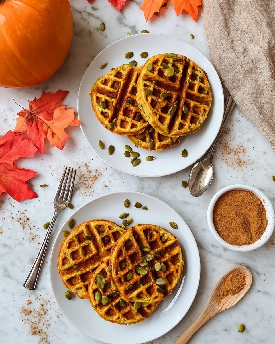 Two white plates are placed on a white marbled surface. Each plate holds three golden brown waffles, arranged so they slightly overlap. The waffles have a crisp texture and are topped with small green pumpkin seeds. Some cinnamon powder is sprinkled lightly around the waffles on the plates and surface. One plate has a silver fork resting on its edge. Near the plates, there is a small white bowl filled with brown cinnamon powder and a small scoop inside. An orange pumpkin sits on the left side, and a few red and orange autumn leaves are scattered around, adding fall colors to the scene. photo taken with an iphone --ar 4:5 --v 7