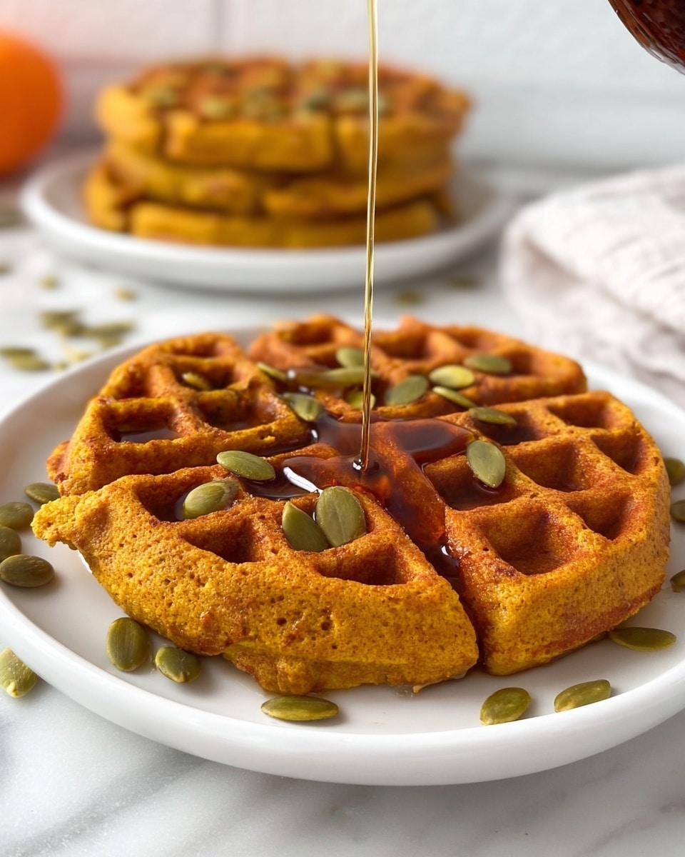 A close-up of three golden brown waffles stacked slightly, placed on a white plate on a white marbled surface. The waffles have a textured grid pattern with some pumpkin seeds scattered on top and around them. A thin stream of amber syrup is being poured on the waffle in front, filling the waffle pockets with a glossy shine. In the blurred background, there is another white plate holding more waffles and part of a pumpkin with a fall leaf leaning on it, adding a cozy autumn feel. photo taken with an iphone --ar 4:5 --v 7