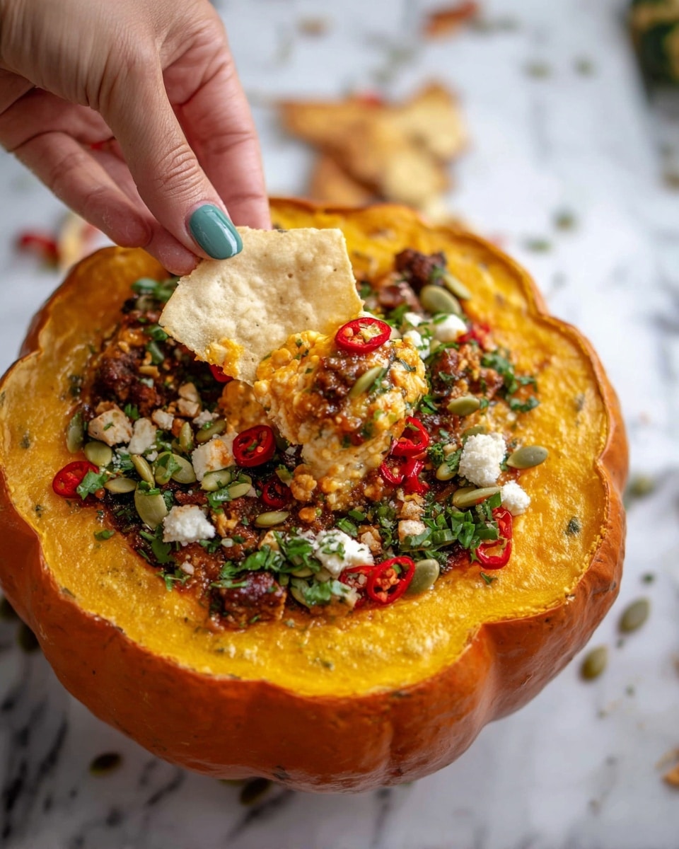 A white bowl made from a hollowed-out orange pumpkin holds a creamy orange dip at the bottom layer, topped with green herbs, red chili slices, crumbled dark brown meat, pumpkin seeds, and small white cheese bits. A woman's hand is holding a triangular, light golden brown chip with some of the creamy orange dip, crumbled meat, and a small red chili slice on it, dipping into the pumpkin bowl. The scene is set on a white marbled surface. photo taken with an iphone --ar 4:5 --v 7