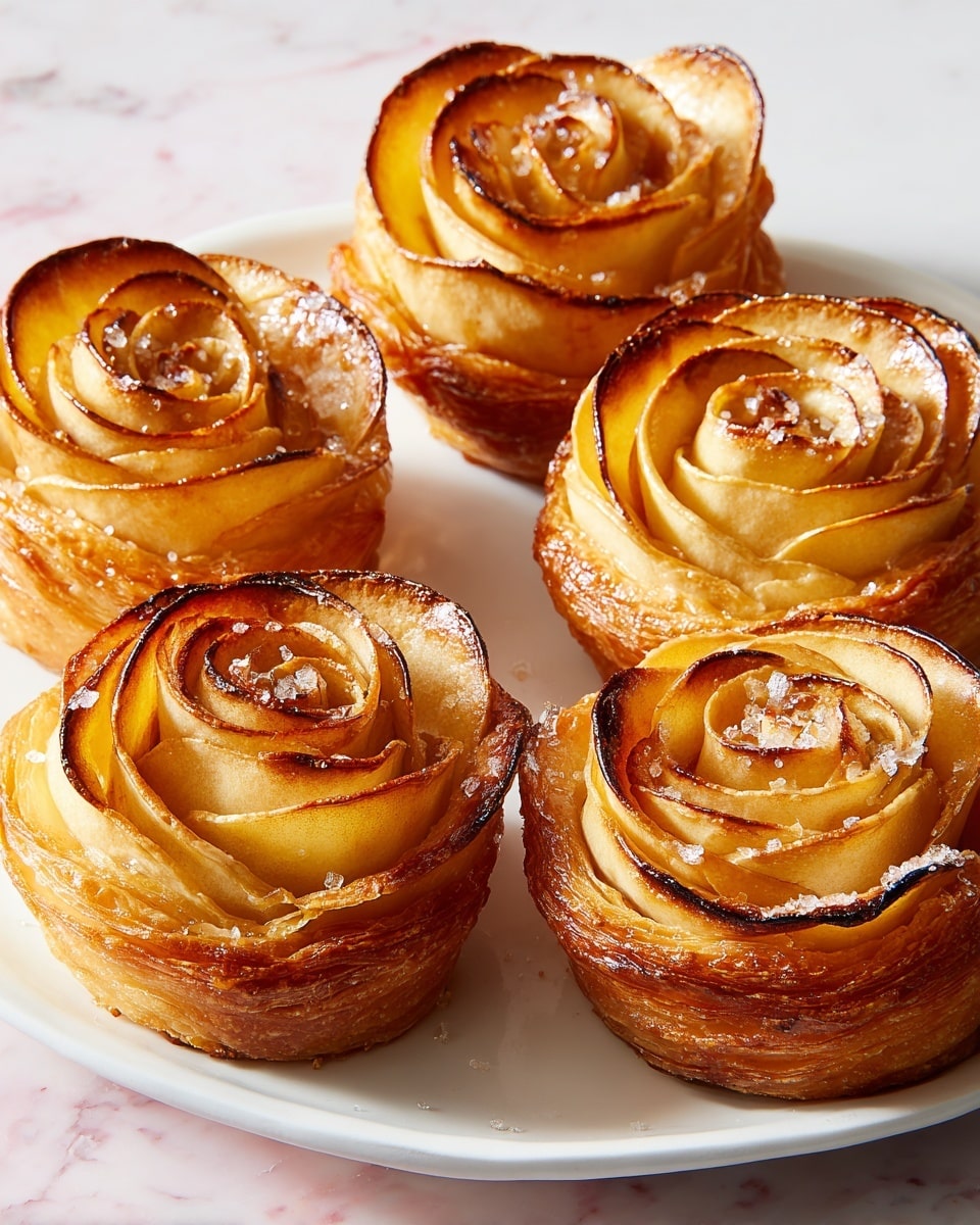 The image shows a white oval plate with nine apple pastries arranged in three rows. Each pastry has multiple thin layers of golden-brown flaky crust shaped like a rose, with curved apple slices making spiral petals. The apple slices have a gradient of warm colors from light yellow to light brown and slightly darker edges, giving a caramelized look. The pastries have a slightly crispy texture around the edges with small sugar crystals sprinkled on top. The surface beneath the plate is a white marbled texture. photo taken with an iphone --ar 4:5 --v 7