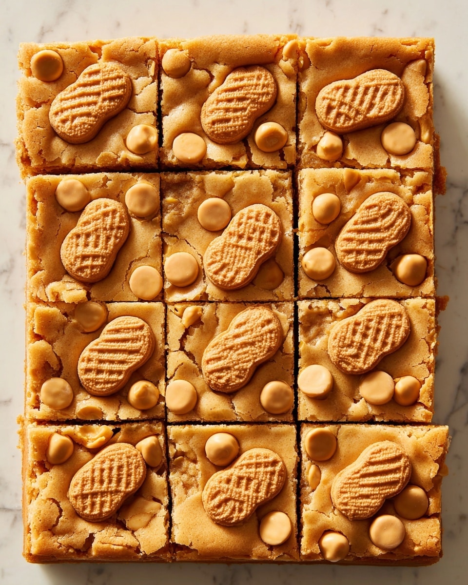The image shows a square dessert cut into twelve equal pieces arranged neatly, each piece showcasing a top layer with embedded peanut-shaped biscuits in a pattern, along with smaller round biscuit pieces scattered across the surface. The dessert layer has a light golden brown color with a slightly cracked texture, giving it a baked appearance. The biscuits on top add a mix of smooth and ridged textures with a warm brown hue. The dessert is placed on a white marbled surface that contrasts softly with the warm tones of the treat, enhancing its cozy and inviting look. photo taken with an iphone --ar 4:5 --v 7