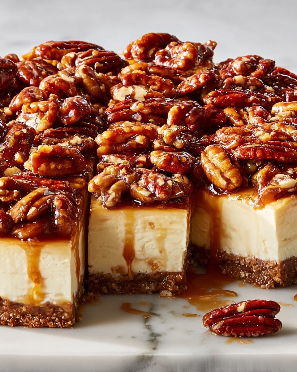 This image shows a close-up of a dessert slice with three clear layers. The bottom layer is thin, brown, and crumbly like a cookie crust. The middle layer is thick, creamy, and pale beige with small dark specks, resembling cheesecake. The top layer is made up of a dense layer of shiny, caramel-coated pecans that are dark reddish-brown and textured, covering the whole dessert. The dessert is cut into square pieces, placed on a surface with white marbled texture, with the caramel sauce dripping slightly over the pecans. Photo taken with an iphone --ar 4:5 --v 7