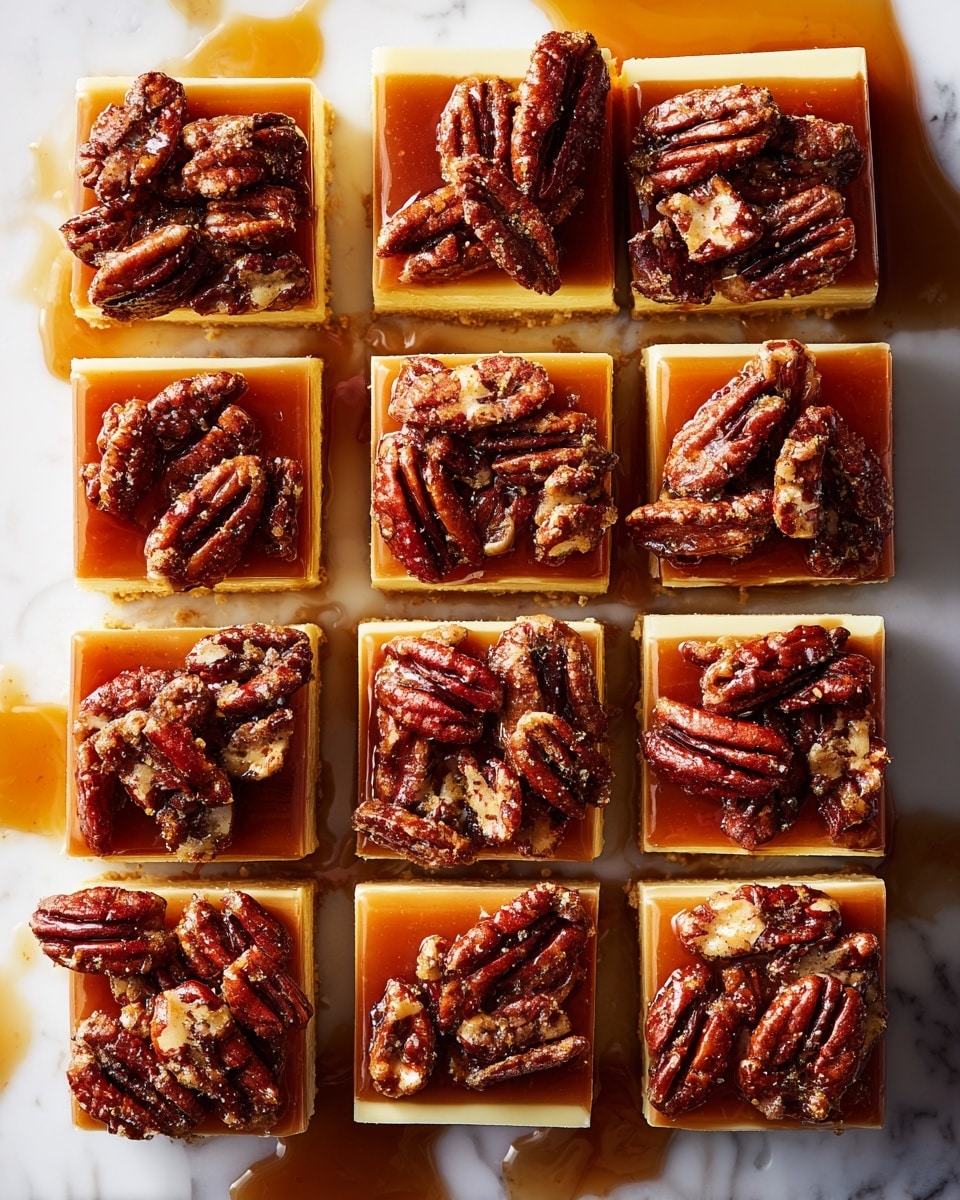 The image shows a dessert in a rectangular aluminum tray with three main layers. The bottom layer is a light tan, smooth filling that looks creamy. Surrounding the edges is a crumbly, golden brown crust that holds the filling. The top layer is a thick, glossy caramel-colored sauce with whole shiny pecans spread evenly across it, adding texture and richness. The tray is placed on a white marbled surface. photo taken with an iphone --ar 4:5 --v 7