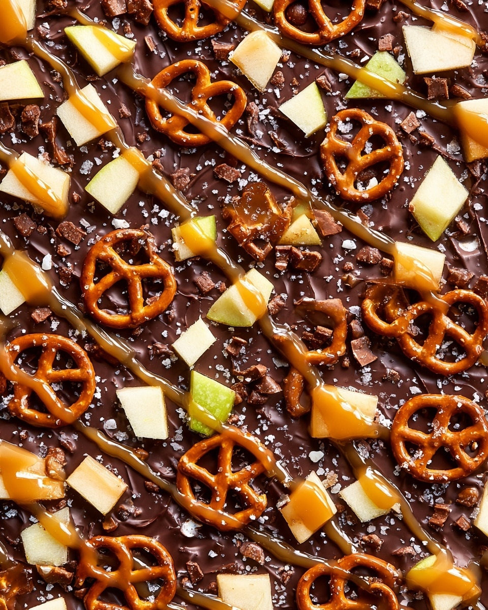 This image shows a close-up of a dark brown chocolate base with many small, uneven cubes of light yellow apple pieces scattered on top. Light brown caramel sauce is drizzled unevenly across the entire surface. There are several whole, shiny pretzels with a chewy texture placed randomly over the chocolate. Small flakes of coarse salt are sprinkled on top, adding texture and contrast. The surface under the chocolate has a white marbled texture. photo taken with an iphone --ar 4:5 --v 7