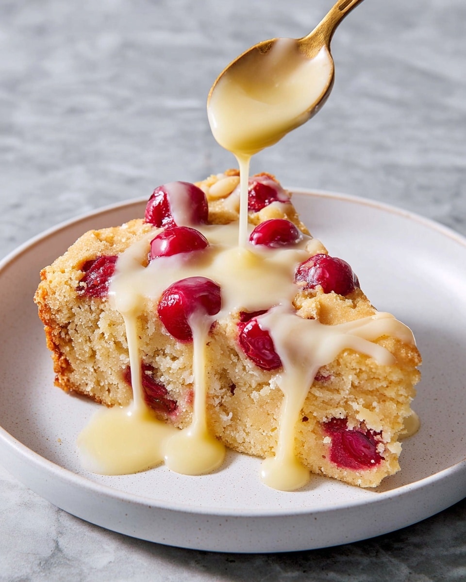 A thick slice of light tan cake with a soft, crumbly texture sits centered on a white plate. The cake has bright red cherries embedded on the top surface, some slightly sunken into the cake layers. A creamy, pale yellow sauce is being poured from a gold spoon above, slowly dripping down the top and sides of the cake, creating a shiny coating. The plate rests on a white marbled surface. photo taken with an iphone --ar 4:5 --v 7