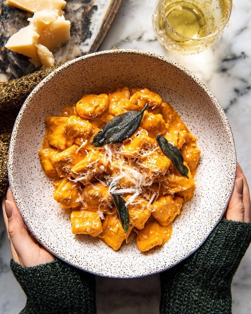 A black pan filled with a rich, creamy orange sauce coating many small tortellini pieces, placed on a white marbled surface. The tortellini are tightly packed and covered evenly by the smooth sauce, which has a thick texture. On top, several dark green sage leaves are scattered, adding contrast with their rough texture and matte finish. A wooden spoon rests inside the pan, partially covered with sauce and tortellini, showing a scoop of the dish. The pan’s edge has bits of sauce clinging to it, and a few sage leaves lie next to the pan. Photo taken with an iphone --ar 4:5 --v 7