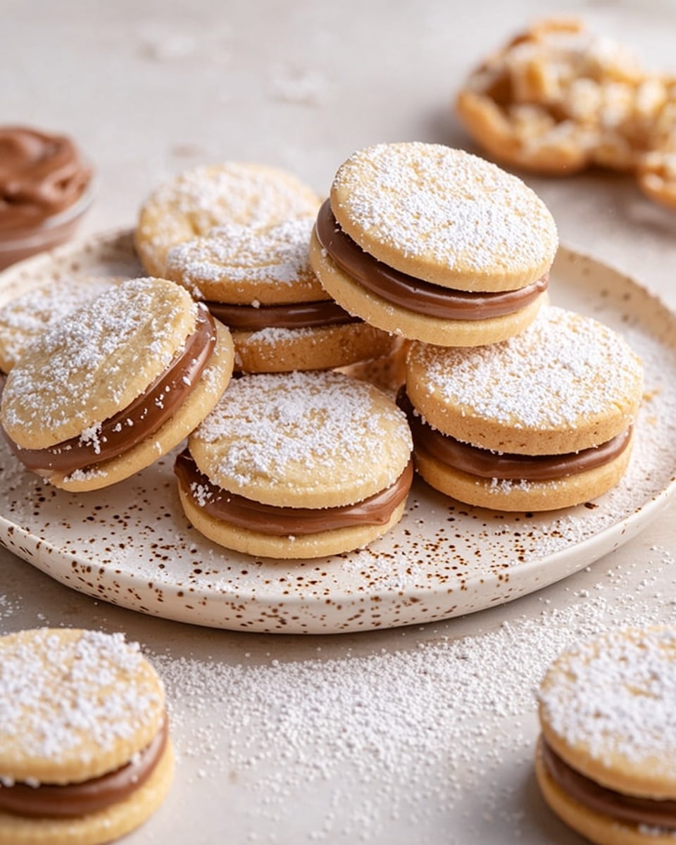 The image shows several sandwich cookies made of two smooth, round light beige cookies with a layer of sticky caramel in the middle. The caramel layer is thick and glossy, slightly spilling out between the cookies. Around the edges of the caramel is a coating of finely shredded coconut, giving a textured look. One cookie is stacked on top of another, with the top cookie having a bite taken out, revealing a soft, crumbly inside. The cookies rest on a white marbled surface with scattered crumbs around them. Photo taken with an iphone --ar 4:5 --v 7