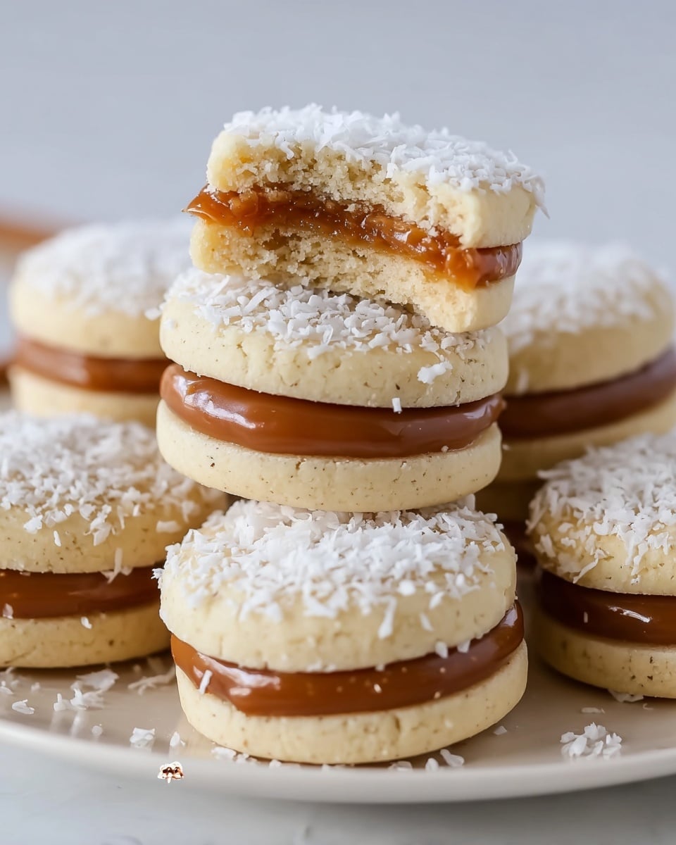A stack of round cookies with three layers: the top and bottom layers are smooth, pale yellow cookies with a soft texture, and the middle layer is a thick band of glossy caramel spread. Around the caramel layer, some cookies have a white shredded coconut coating that adds texture. One cookie is placed on top of the stack and shows a bite taken out, exposing the caramel inside. The cookies sit on a white plate, placed on a white marbled surface. Photo taken with an iphone --ar 4:5 --v 7