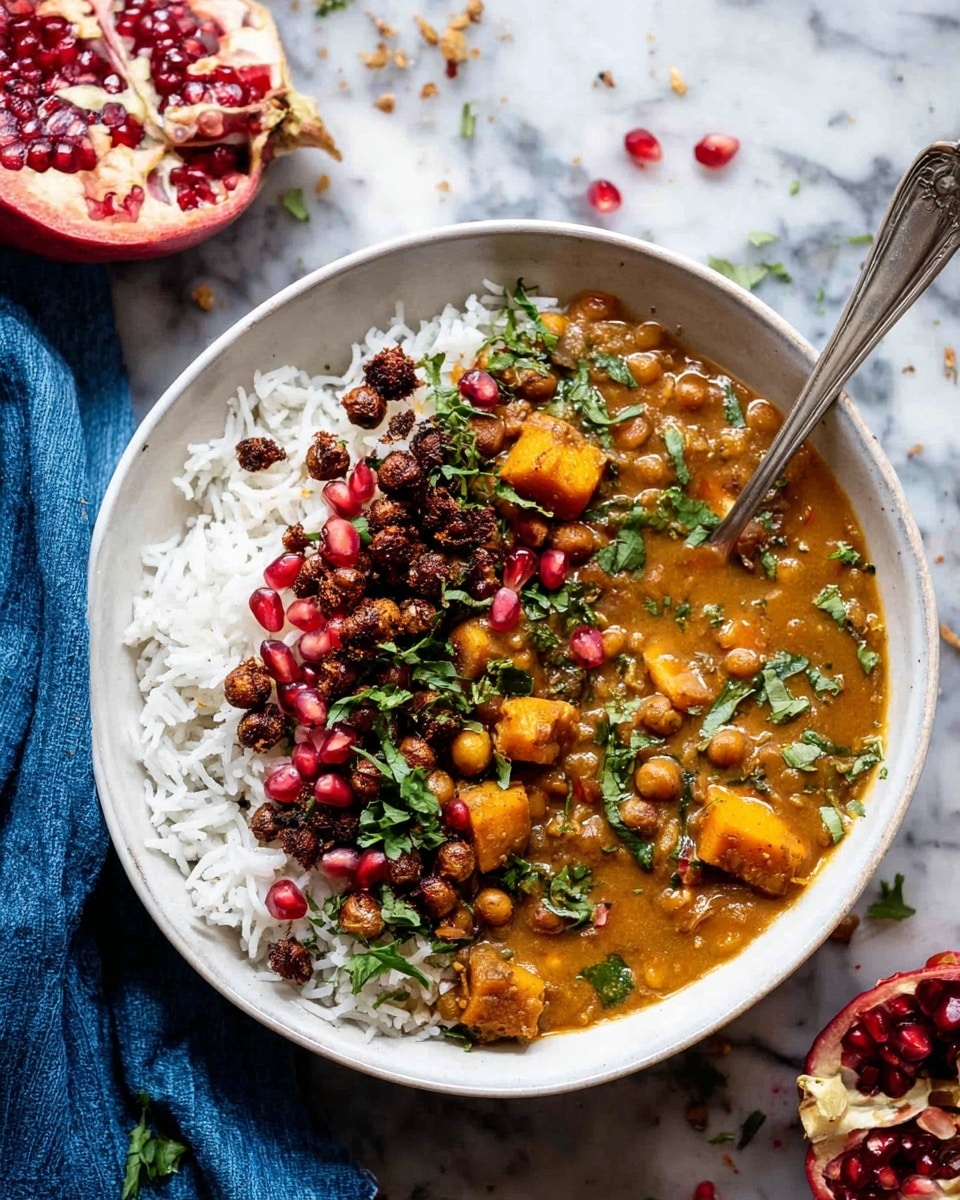 The image shows a bowl with three main layers: a base layer of creamy orange curry with chunks of vegetables, a middle layer of white fluffy rice on one side, and a top layer of small dark brown roasted chickpeas and some red pomegranate seeds scattered on the rice and curry. Fresh green chopped herbs are sprinkled on top, adding a pop of color. A silver spoon is placed inside the bowl on the right side, slightly dipped in the curry. In the background, there is a half-opened pomegranate with seeds visible, all placed on a white marbled surface with some scattered herbs around. Photo taken with an iphone --ar 4:5 --v 7