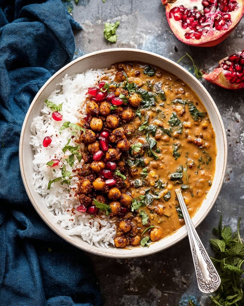 The dish is served in a white speckled bowl placed on a white marbled surface. It has two main layers: on one side, white fluffy rice topped with small brown crispy chickpeas and scattered green herbs; on the other side, a thick brown lentil curry with large pieces of cooked spinach and fresh green herbs sprinkled on top. The curry also has some red pomegranate seeds adding a splash of bright color. A silver spoon is resting inside the bowl, partly submerged in the curry. Nearby, there are opened pomegranate halves showing shiny red seeds, and a small white bowl with green herbs inside. A dark blue cloth is draped on the left side. Photo taken with an iphone --ar 4:5 --v 7