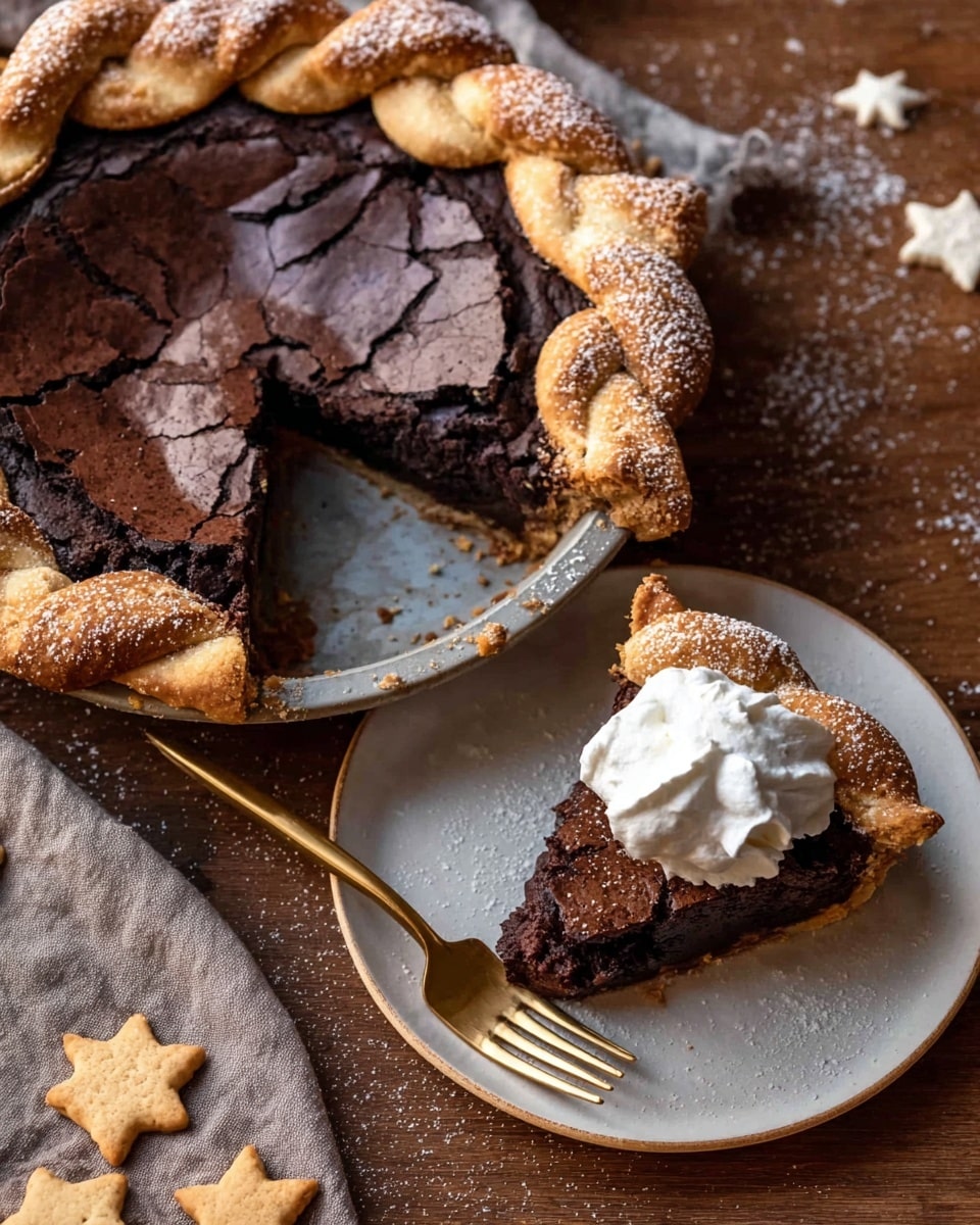 A slice of pie on a white plate shows a thick, cracked chocolate layer on top with a deep, dark chocolate filling underneath. The pie crust is golden brown with a braided pattern around the edges, sprinkled with sugar. A dollop of white cream sits on top of the pie slice. Next to the plate is a gold fork. The remaining pie is in a round metal pan with part of the chocolate layer missing, revealing the dark filling inside. There are small star-shaped pieces of crust dusted with sugar on the white marbled surface around the pie and plate. photo taken with an iphone --ar 4:5 --v 7