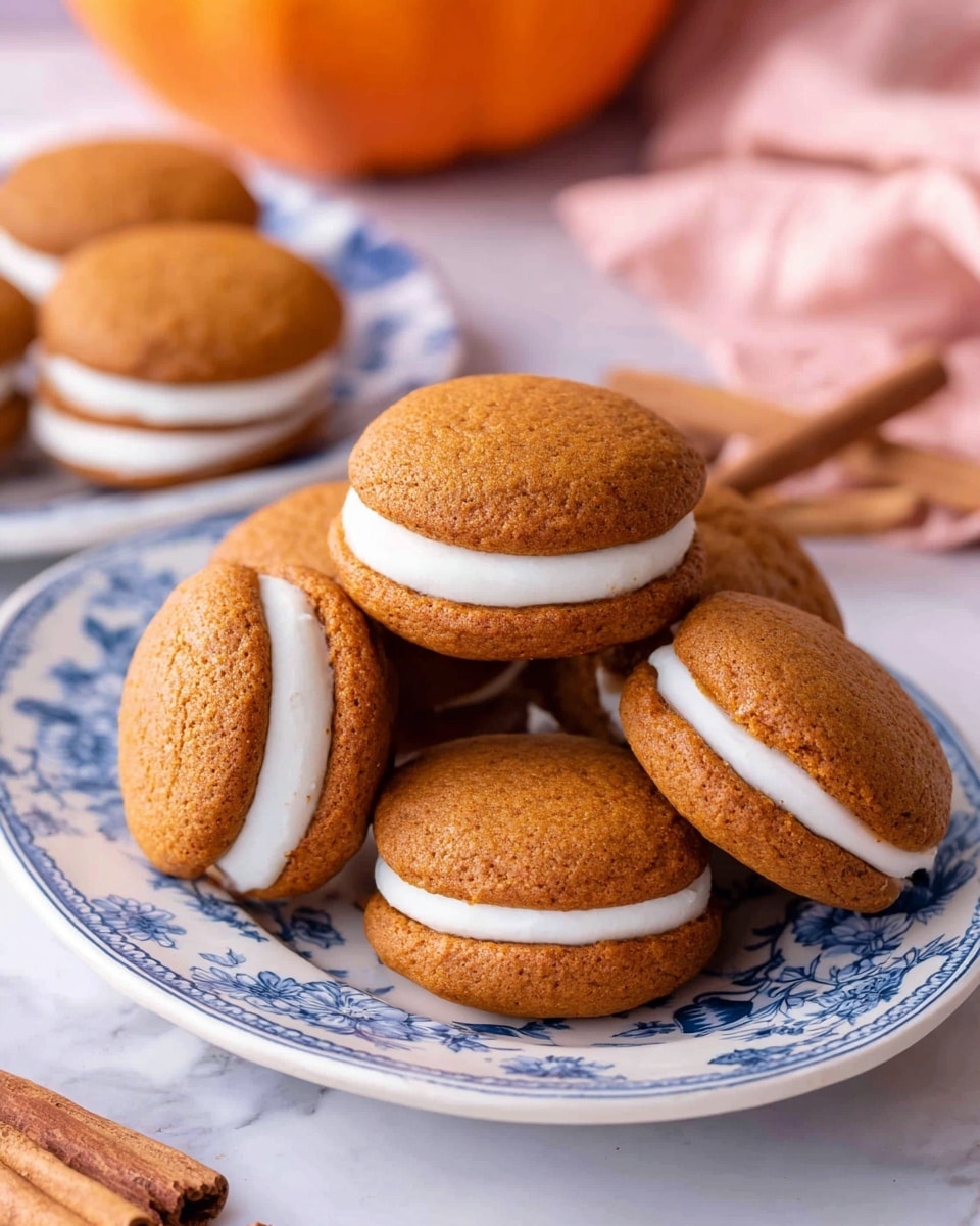 The image shows five sandwiches made of two soft, round golden-brown cookies with white creamy filling in the middle, stacked on a white plate with blue floral patterns. One sandwich is placed slightly on top of another, showing the thick layer of smooth and fluffy cream between the two textured cookies. In the background, there is one more sandwich on the same style plate, along with two small pumpkins, all set on a white marbled surface. A piece of pink cloth and two cinnamon sticks are also visible near the plate. Photo taken with an iphone --ar 4:5 --v 7