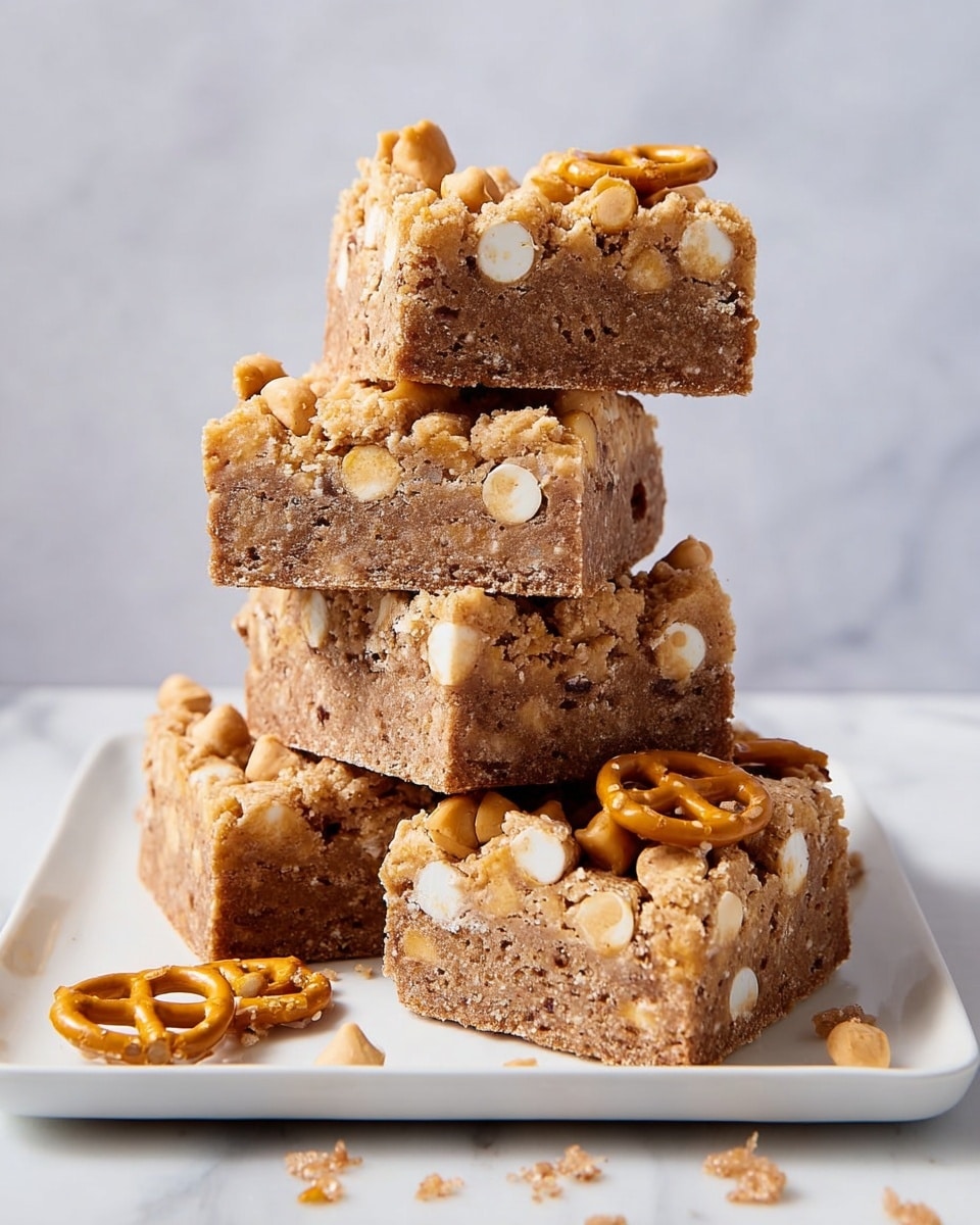 This image shows a stack of five dessert bars on a white square plate with a white marbled background. The bars have a light brown, crumbly texture filled with small crunchy pieces and peanut butter chips mixed inside. The top bars are topped with more peanut butter chips and small pretzel pieces. There are some crumbs and broken pretzel bits scattered around the plate's base. The bars are unevenly stacked, giving a casual, homemade look. photo taken with an iphone --ar 4:5 --v 7