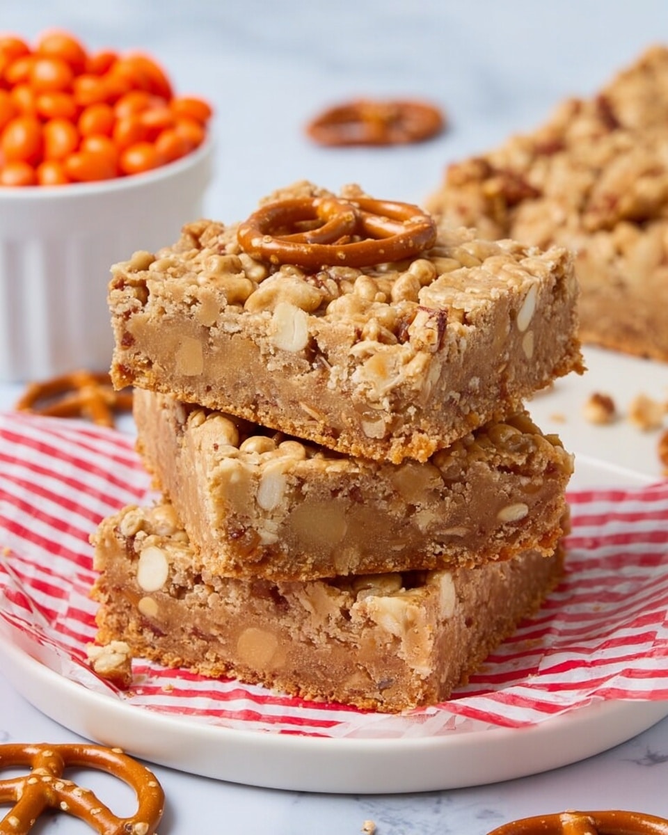 A stack of three thick dessert bars sits on a white plate with a red and white patterned paper below them, all placed on a white marbled surface. Each bar has a crumbly golden-brown top layer with whole pretzels pressed into it, showing their light tan color and smooth texture. The middle layer is chewy and filled with visible pieces of chopped nuts and small pretzel bits that add a crunchy texture, and the bottom layer is a solid, slightly darker base. The edges of the bars are uneven, showing the mix of soft and crunchy textures inside. Photo taken with an iphone --ar 4:5 --v 7
