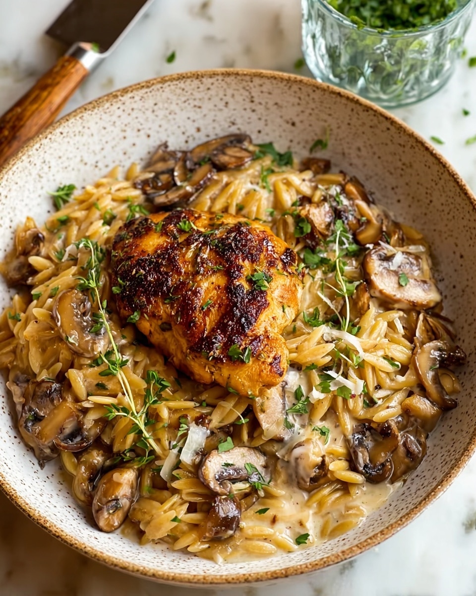 A white speckled bowl holds a layered dish starting with a creamy, light beige sauce mixed with small pieces of orzo pasta, topped with browned sautéed mushrooms and thinly sliced golden onions. In the center, there is one golden brown, seared chicken thigh with a slightly crispy texture, garnished with small green herb leaves. The background features a white marbled surface with a glass of water and utensils nearby. photo taken with an iphone --ar 4:5 --v 7