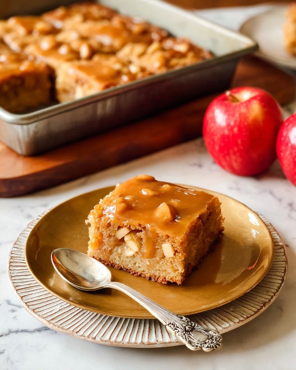 A square piece of moist, golden brown apple cake sits in the center of a tan plate, showing a soft texture with visible small apple chunks inside. The cake has a glossy, slightly sticky glaze on the top. The plate is stacked on top of a larger white plate with a raised pattern around the edge. A silver spoon lies to the right of the cake piece on the tan plate. In the background, a larger metal baking pan holds the rest of the apple cake with several square pieces already cut. To the right, two red apples with smooth skin rest on a wooden tray. The entire scene is set on a white marbled surface. photo taken with an iphone --ar 4:5 --v 7