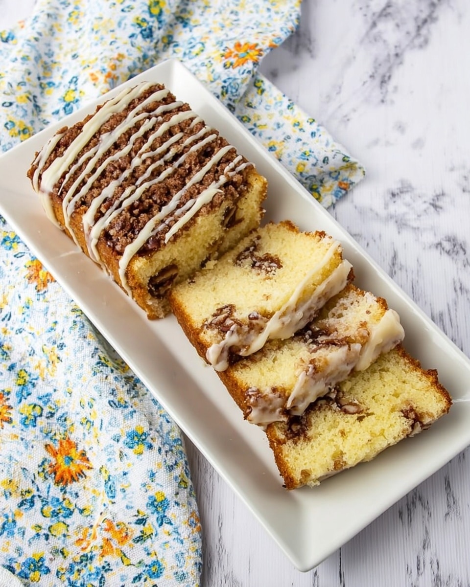 A white rectangular plate holds three pieces of yellow cake with brown nut filling swirled inside, showing two sliced pieces and one larger square piece on the side. The top layer of the cake is darker brown with a crumbly texture and is drizzled with thin white icing lines across it. The plate is placed on a white marbled surface with a white cloth that has blue, green, yellow, and orange floral patterns to the upper right of the plate. photo taken with an iphone --ar 4:5 --v 7
