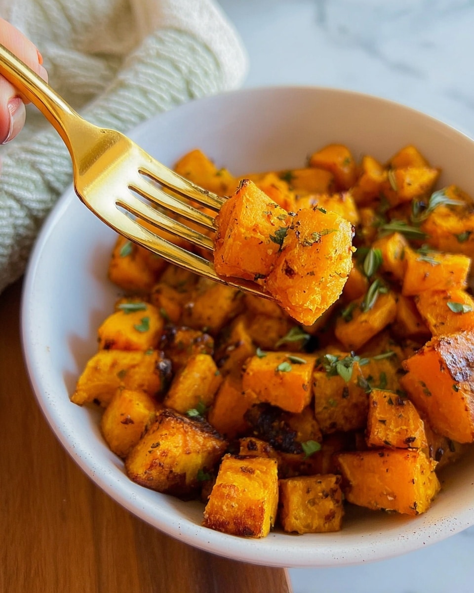 A white bowl filled with roasted cubes of orange sweet potato mixed with small golden potato pieces, all sprinkled with fresh green herbs. A golden fork is holding a few sweet potato cubes just above the bowl. The bowl is placed on a white marbled surface. photo taken with an iphone --ar 4:5 --v 7