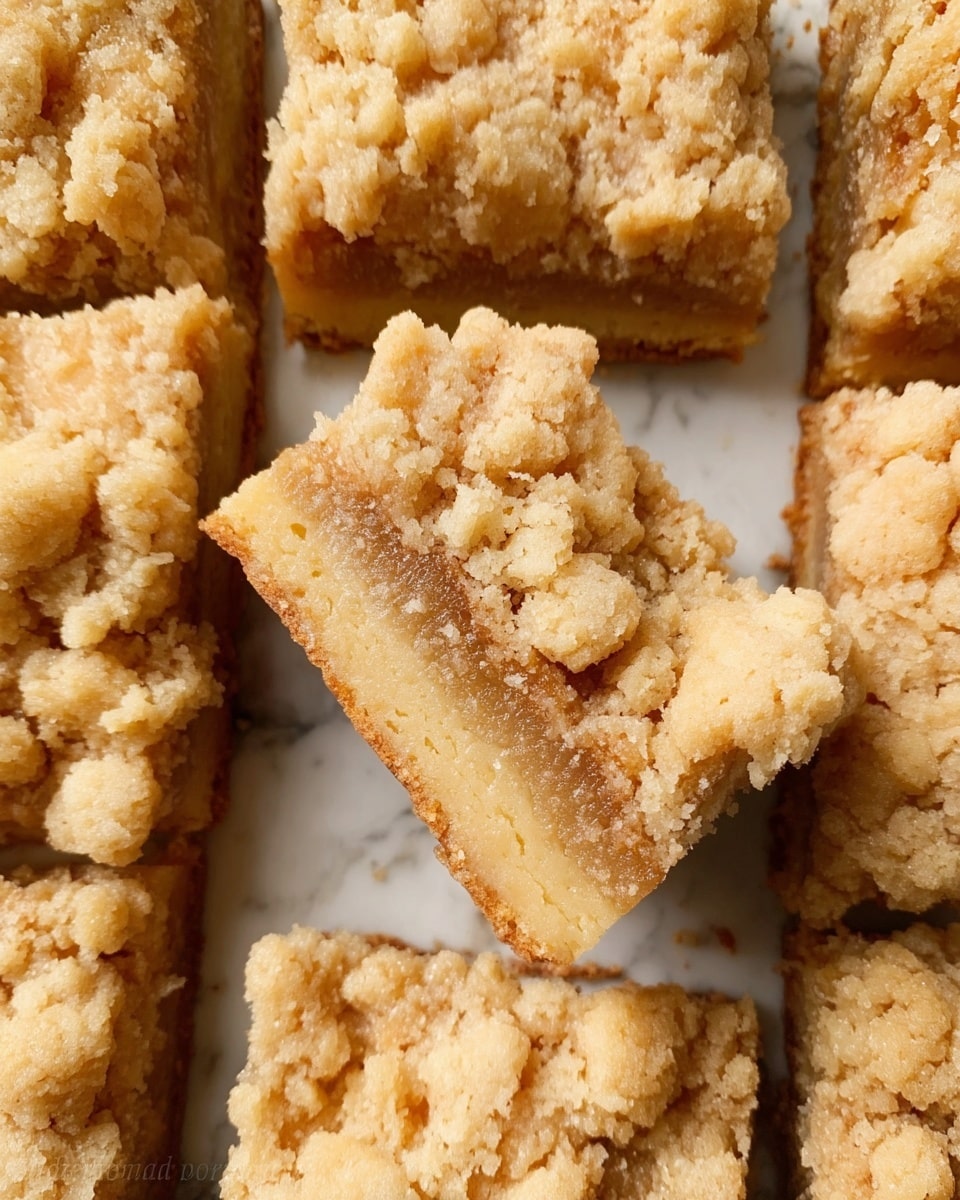 The image shows a close-up of several square-shaped crumb bars arranged tightly together on a white marbled surface. Each bar has a thick, dense middle layer of light brown apple filling with visible soft chunks, sandwiched by two layers of crumbly, golden-brown crust on top and bottom. The top layer is uneven with coarse crumbs giving a rough texture, while the bottom crust looks firm but slightly softer. One bar is tilted up slightly, held by a woman's hand, showing all three layers clearly. The overall color palette is warm tones of beige and light brown. photo taken with an iphone --ar 4:5 --v 7