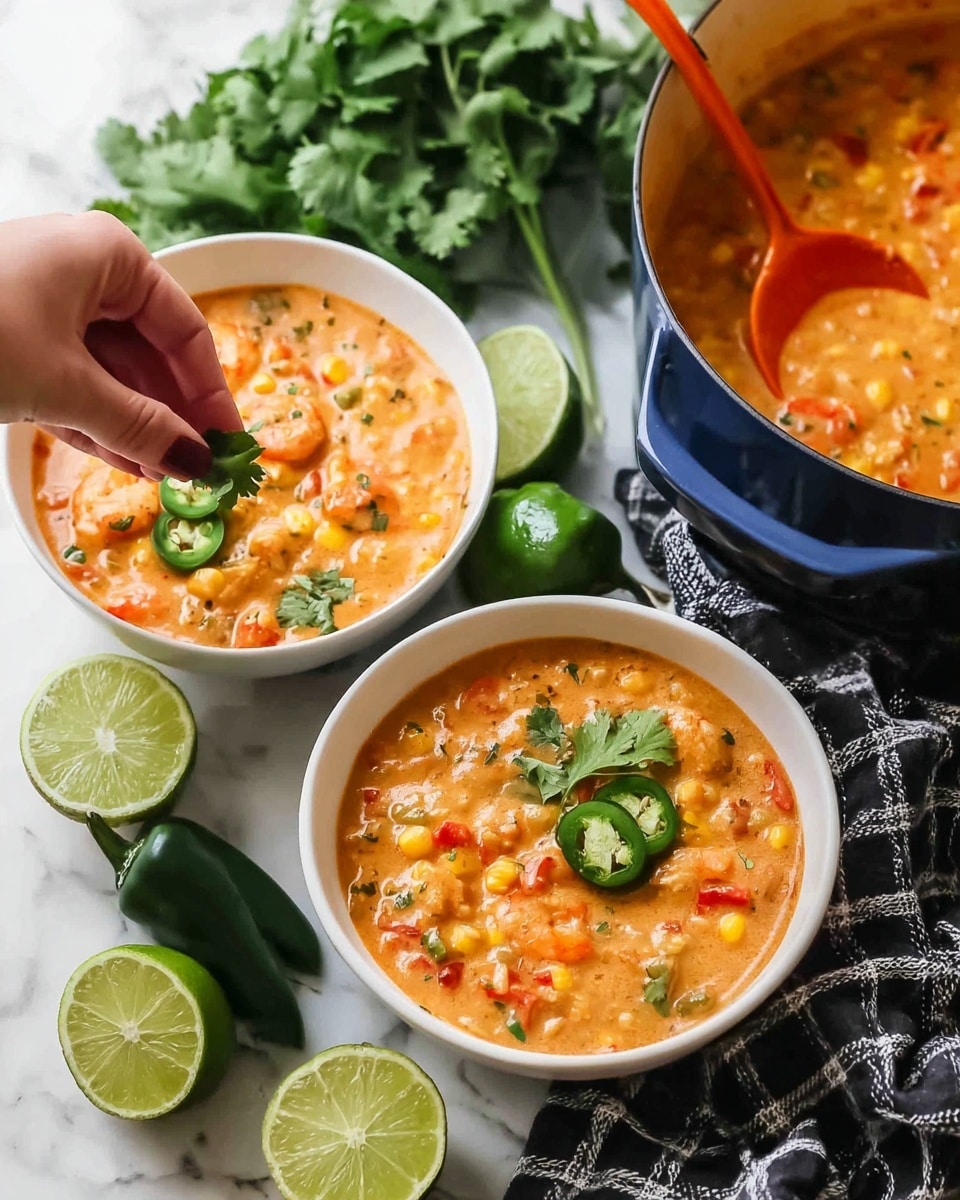 Two white bowls filled with a creamy orange soup containing visible bits of corn, red bell peppers, and chunks of chicken, placed on a white marbled surface. One bowl is closer and garnished with fresh green cilantro leaves, with a woman's hand adding more cilantro on top. The second bowl, slightly behind, is topped with sliced green avocado. Around the bowls, halved limes and loose cilantro leaves are scattered. In the background, part of a white pot filled with the same soup and an orange spoon is seen, resting on a black and white checkered cloth. Photo taken with an iphone --ar 4:5 --v 7