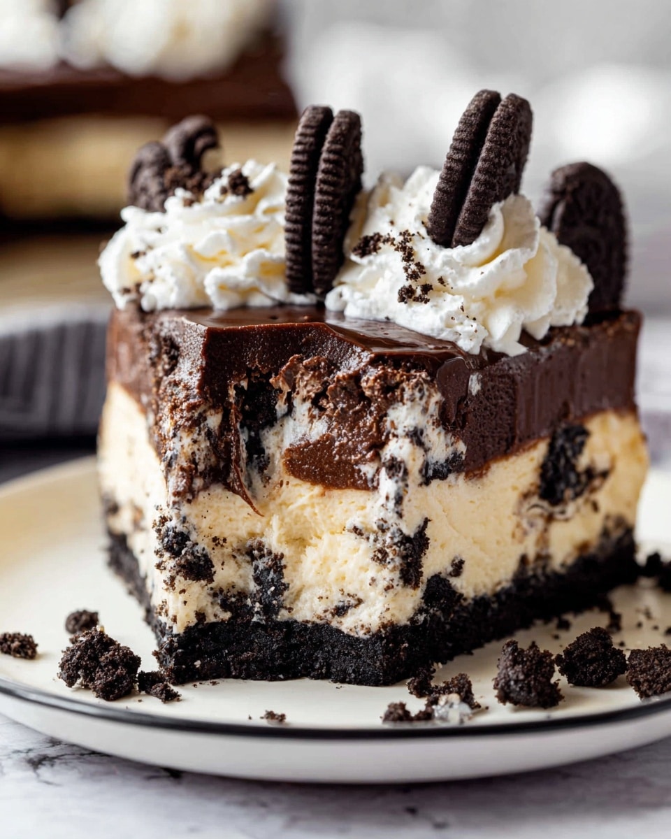 The image shows a round Oreo cheesecake with three main layers. The bottom layer is a thick black Oreo crumb crust. The middle layer is a creamy, off-white cheesecake mixed with small black Oreo pieces spread evenly inside. The top layer is a smooth, glossy dark chocolate ganache that covers the cheesecake fully. On top of the ganache, there is a thick ring of white whipped cream piped in swirls around the edge, and the center is covered with crushed Oreo cookie pieces. The cake is shown with a slice removed, revealing the textures inside. The cake is on a white metal tray, placed on a white marbled texture. Photo taken with an iphone --ar 4:5 --v 7