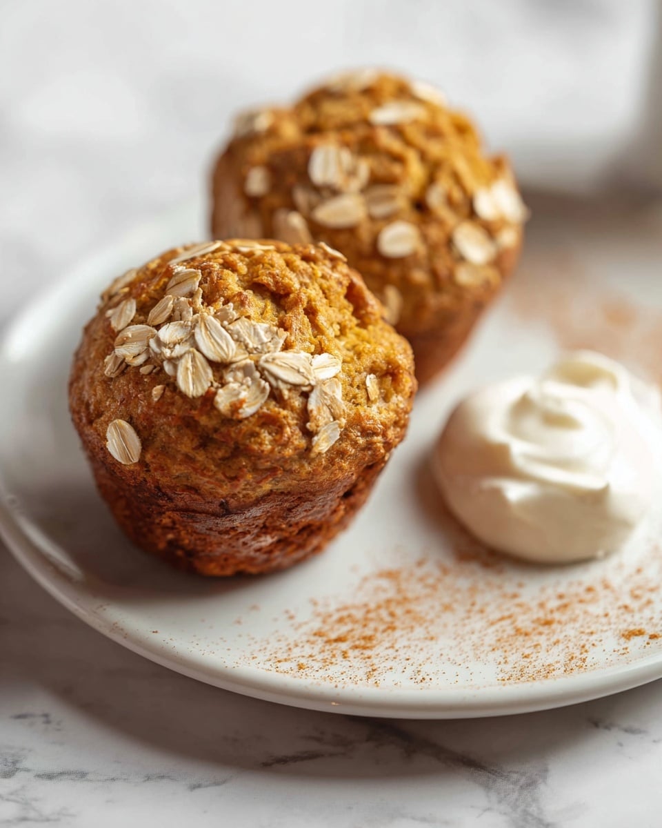 Two oatmeal muffins are placed on a white plate with a white marbled texture surface. The muffins have a rough, golden-brown top layer made of crispy oats, with a softer, light beige interior visible where one is tilted. There is a small dollop of cream or frosting nearby on the plate, adding a creamy white contrast to the warm tones of the muffins. The image has a close-up view with soft natural lighting, showing the detailed texture of the oats and muffin crumb. photo taken with an iphone --ar 4:5 --v 7
