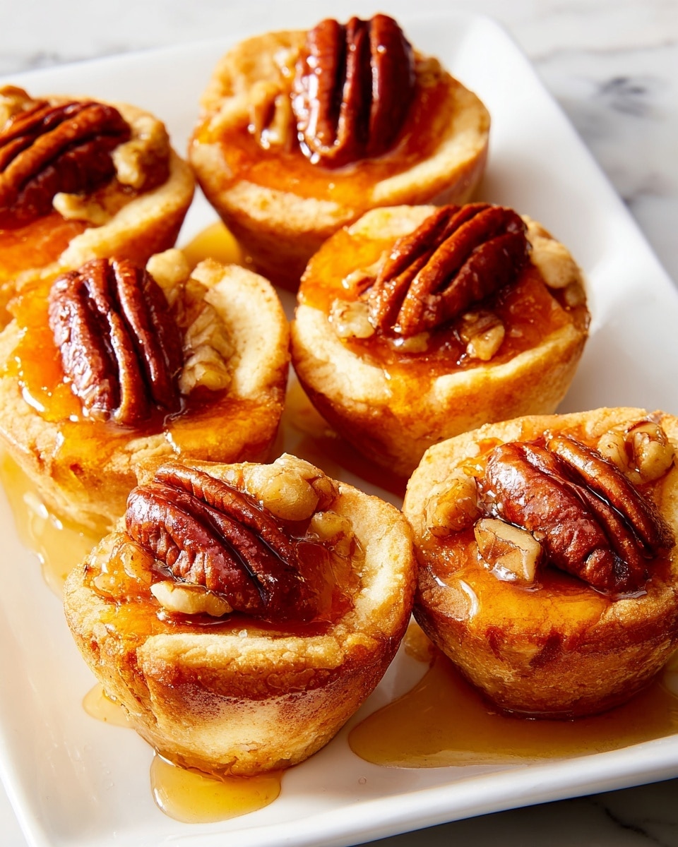 The image shows six small tart-like pastries arranged closely on a white plate, each with a golden-brown, slightly puffy crust forming a cup shape. Inside, there is a bright orange filling that looks soft and smooth, topped with a whole shiny, dark brown pecan in the center of each. A clear amber syrup is drizzled generously over the tarts, creating small glossy pools on the plate and giving a sticky shine to the pecans and crust edges. The setting includes a clean white marbled surface in the background, enhancing the warm colors of the pastries. photo taken with an iphone --ar 4:5 --v 7