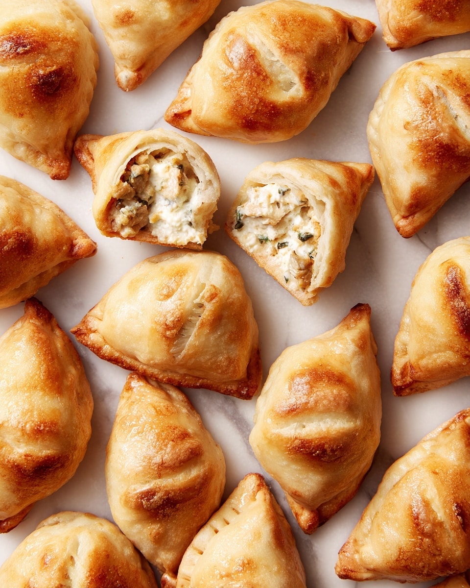 A group of golden brown pastries with a slightly crispy and flaky outer layer are arranged closely together on a white marbled surface. Each pastry is small, square-shaped with four corners folded toward the center, showing glimpses of a creamy, light beige filling mixed with small bits of darker ingredients inside. One pastry has a piece broken off, revealing the soft, textured filling inside that looks moist and rich. The pastries have a warm, baked golden color with some darker spots where the edges are more cooked. Photo taken with an iphone --ar 4:5 --v 7
