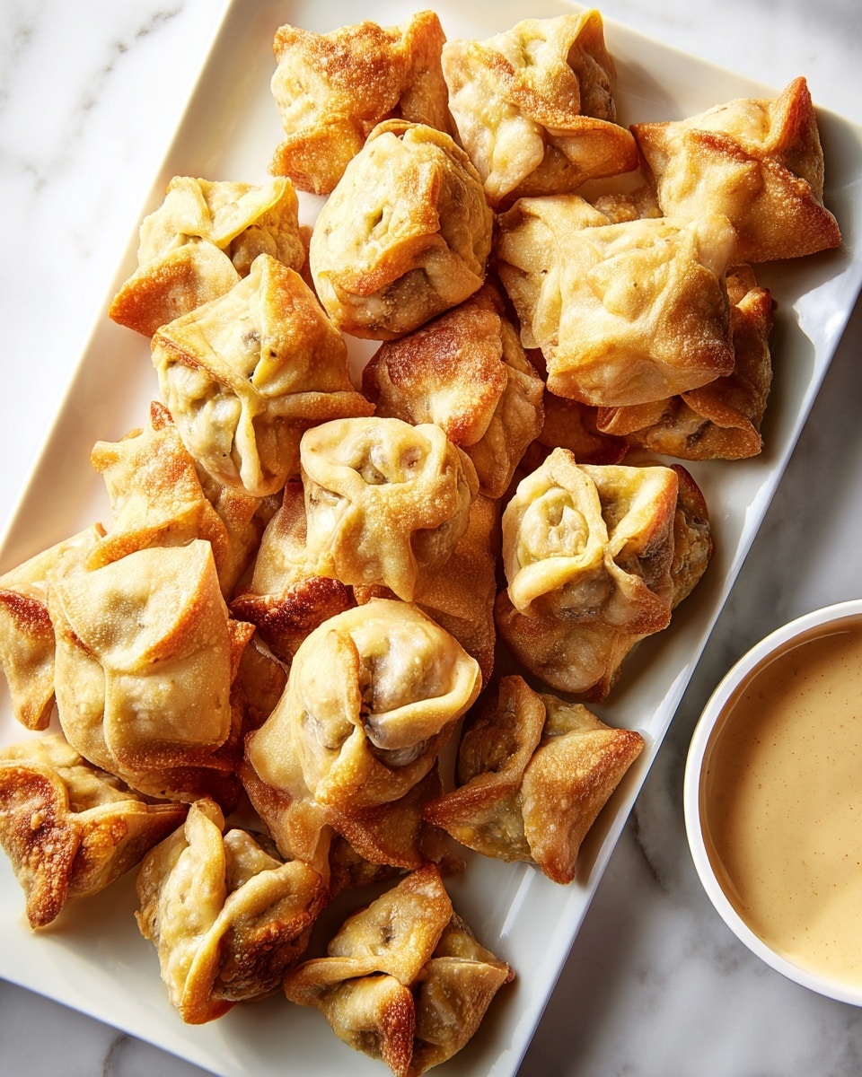 The image shows a white rectangular plate filled with many small, golden-brown baked pastries. Each pastry is shaped like a small square pouch with folded edges meeting in the center, revealing a light cream-colored filling inside. The pastries have a crispy, slightly uneven surface with some darker brown spots where they are baked more. Next to the plate is a small white bowl containing a smooth, light brown sauce. The plate and bowl are placed on a white marbled surface. photo taken with an iphone --ar 4:5 --v 7