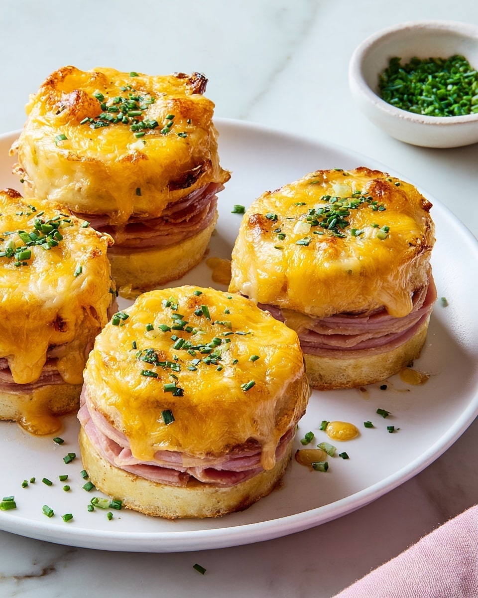 Five small round stacks sit closely on a white plate with a white marbled surface beneath. Each stack has three visible layers: a golden-brown base layer, a thin middle layer of light pink meat, and a shiny, melted bright yellow cheese topping with small green herb sprinkles scattered on top. A small red bowl filled with finely chopped green herbs rests near the plate. The lighting is soft and natural, highlighting the texture and colors of the food. Photo taken with an iphone --ar 4:5 --v 7