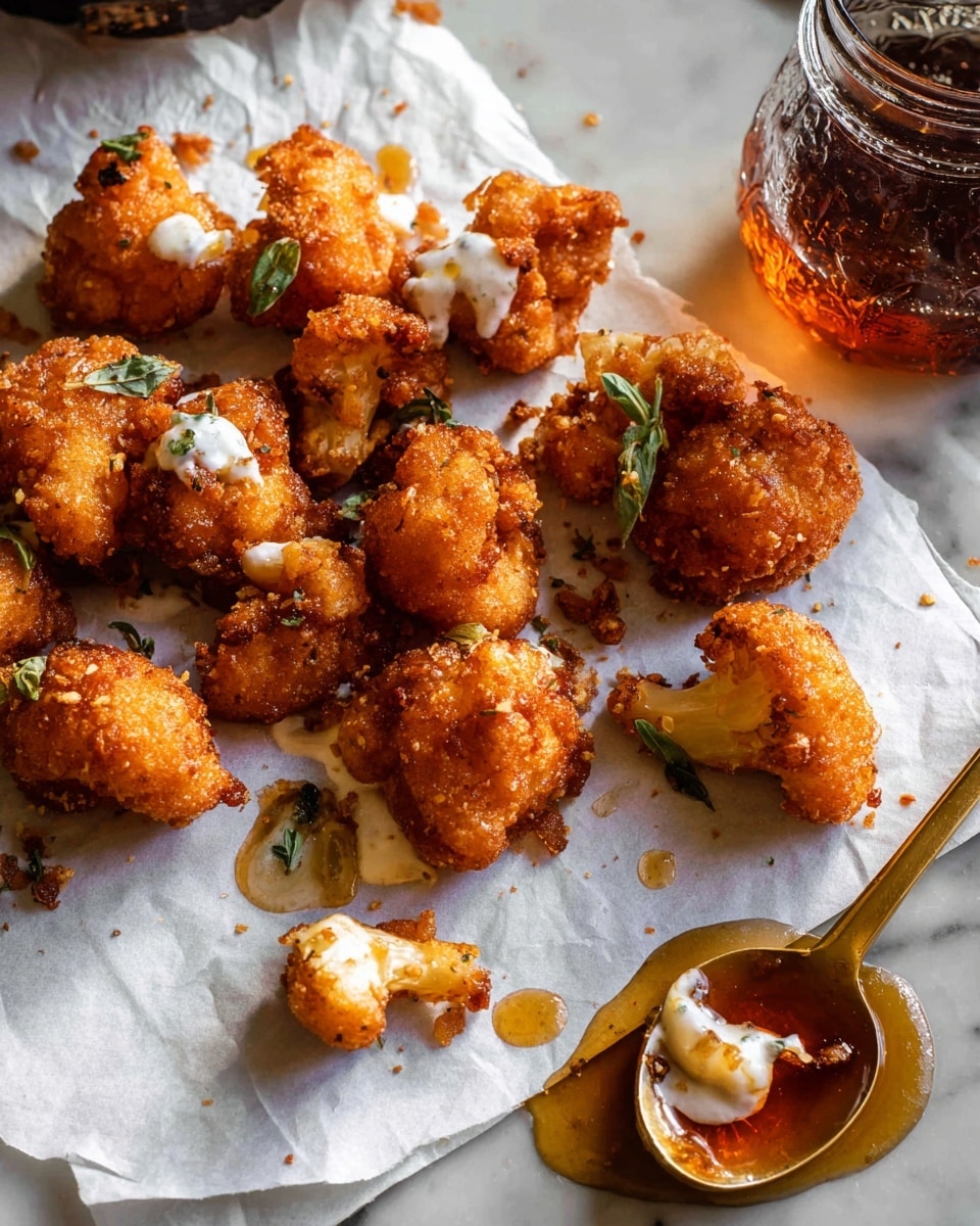 The image shows a close-up of several pieces of golden-brown fried cauliflower on a piece of white parchment paper placed on a dark surface replaced with white marbled texture. The cauliflower pieces are uneven in size with a crispy, crunchy texture, some with white creamy sauce drizzled on top, and a few fresh green herb sprigs scattered around. A golden spoon with amber-colored honey sauce rests near the bottom right corner, with some sauce droplets spread casually nearby. A white bowl filled with more creamy white sauce is partly visible in the upper background, with warm, natural sunlight highlighting the textures and colors, creating a cozy, inviting look. photo taken with an iphone --ar 4:5 --v 7