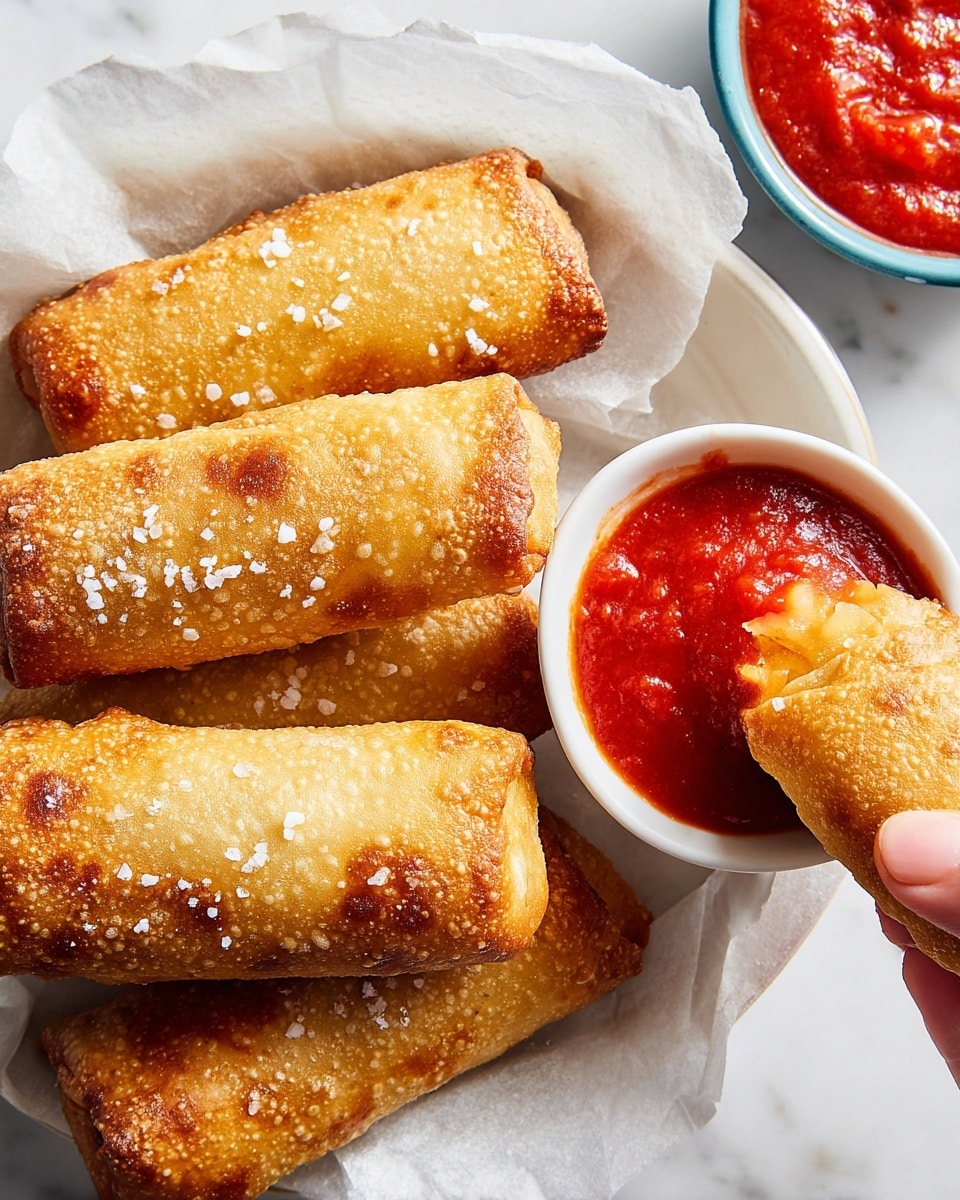 The image shows four golden brown, crispy rolls sprinkled with coarse salt placed on white paper on a white marbled surface. One roll is being held by a woman's hand and dipped into a small white bowl filled halfway with bright red chunky tomato sauce. The rolls have a bubbly, textured crust and look crunchy on the outside. Photo taken with an iphone --ar 4:5 --v 7